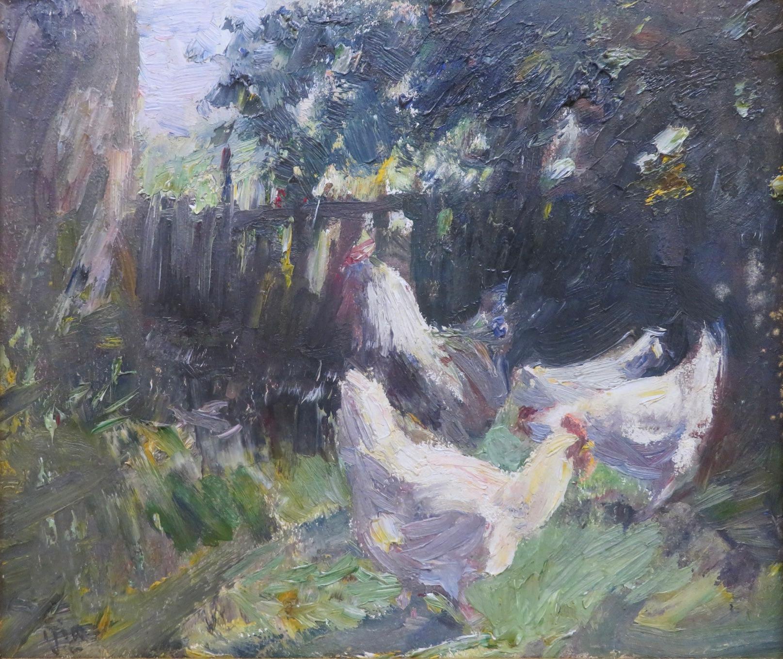 Original Fine English Impressionist Antique oil painting CHICKENS IN A GARDEN - Impressionnisme Painting par Harry Fidler