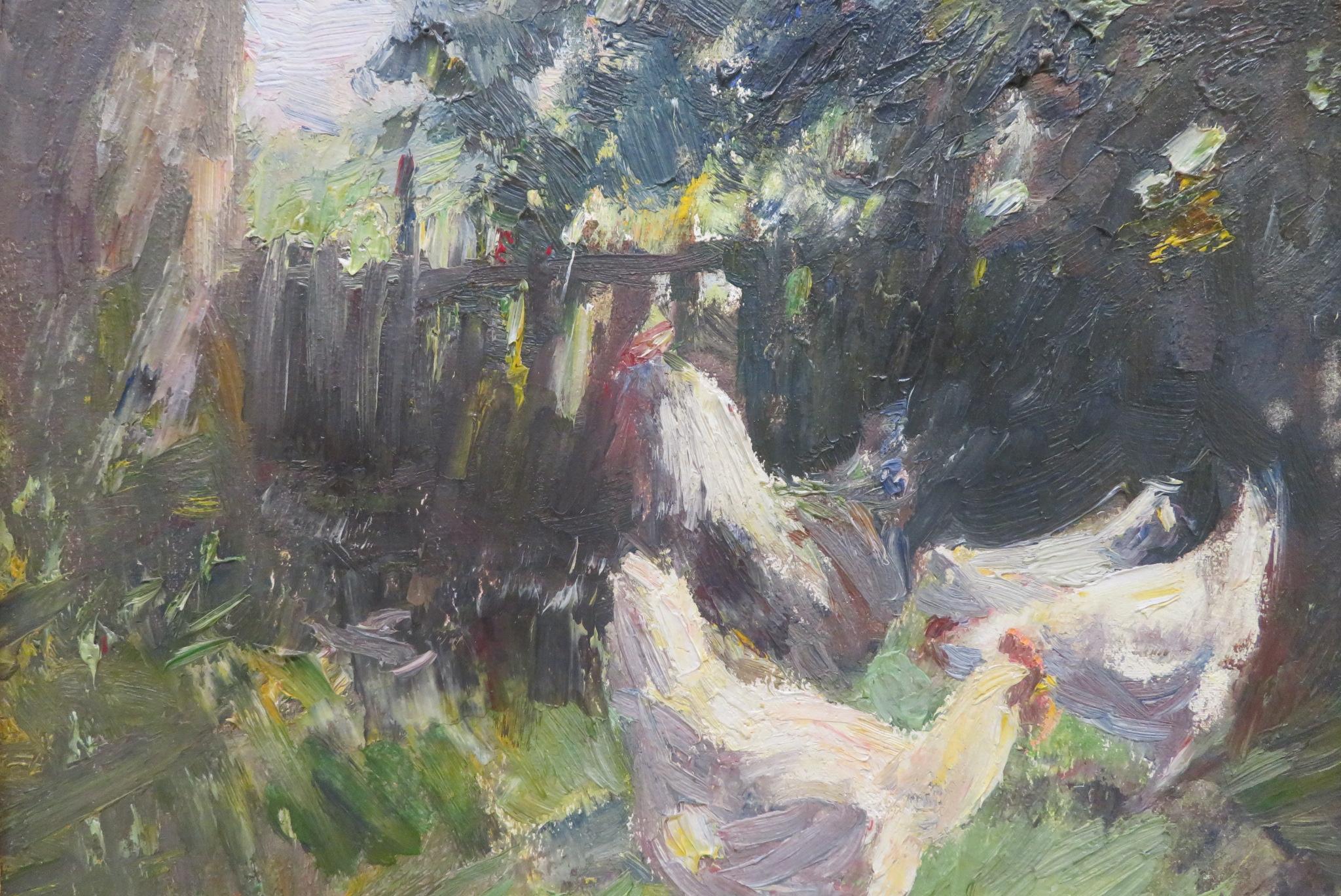 Original Fine English Impressionist Antique oil painting CHICKENS IN A GARDEN - Marron Animal Painting par Harry Fidler