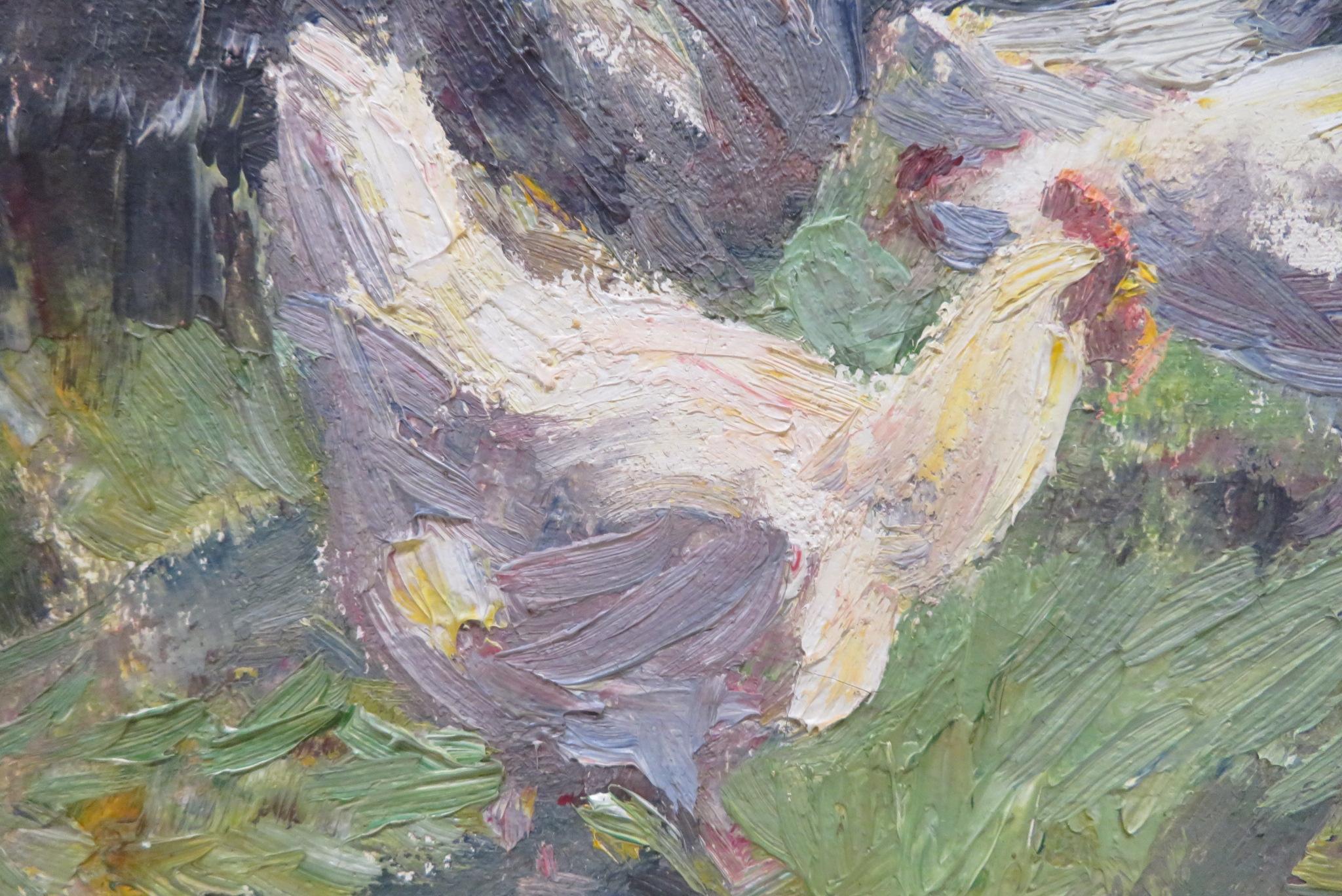 Original Fine English Impressionist Antique oil painting CHICKENS IN A GARDEN en vente 1