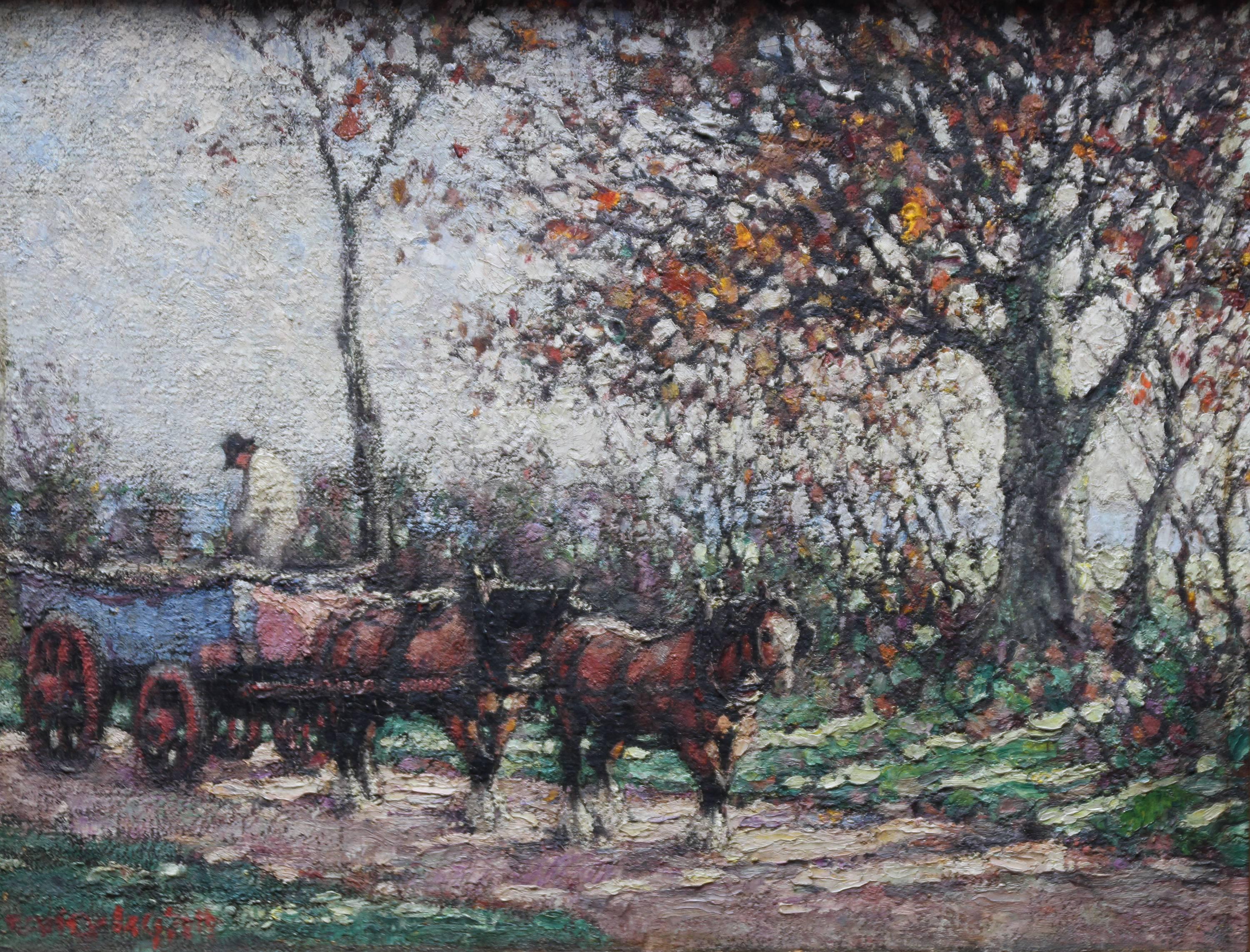 The Harvest - British art Impressionist 1918 oil painting horses cart landscape - Painting by Harry Fidler