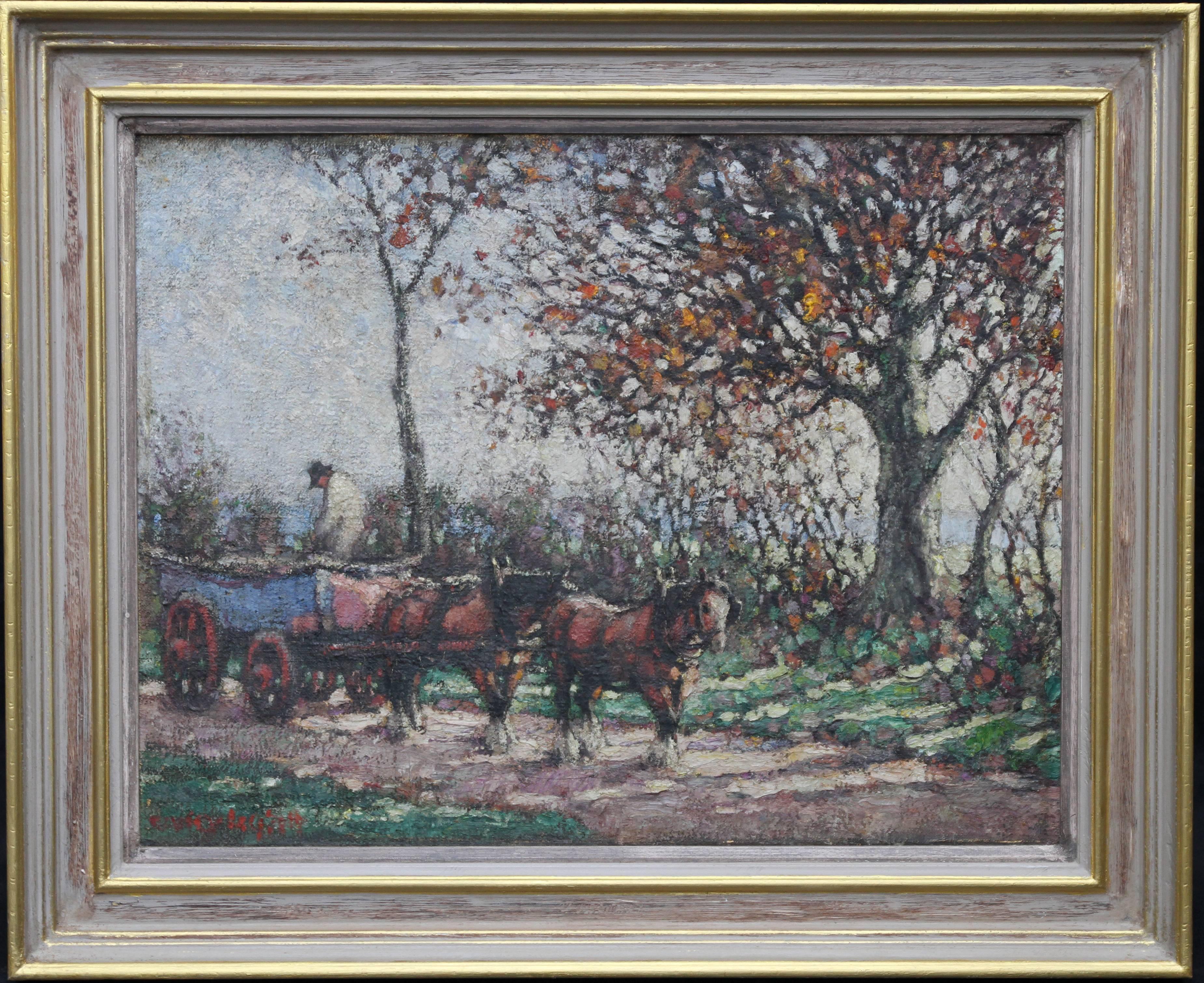 Harry Fidler Landscape Painting - The Harvest - British art Impressionist 1918 oil painting horses cart landscape