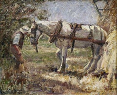 The Hayrick - Huile:: cheval et personnage dans un paysage du XIXe siècle par Harry Fidler