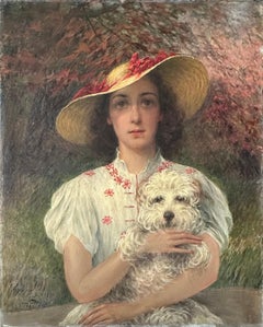 Dorothy with her Coton de Tulear (Dog Portrait) 1940 Young Woman oil painting