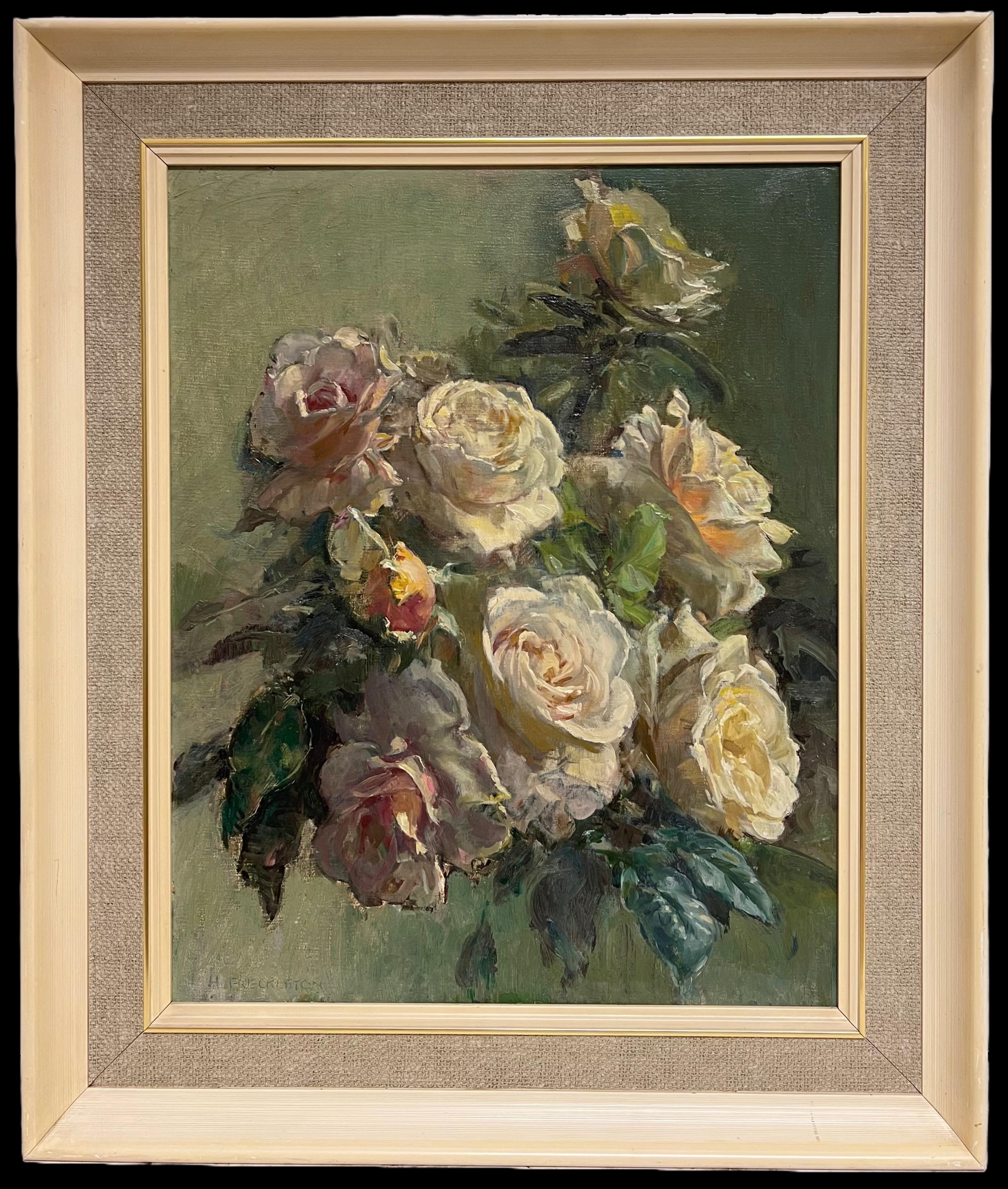 Fine British Stillleben Vintage Ölgemälde Bouquet of Roses Signiert & Gerahmt – Painting von Harry Freckleton