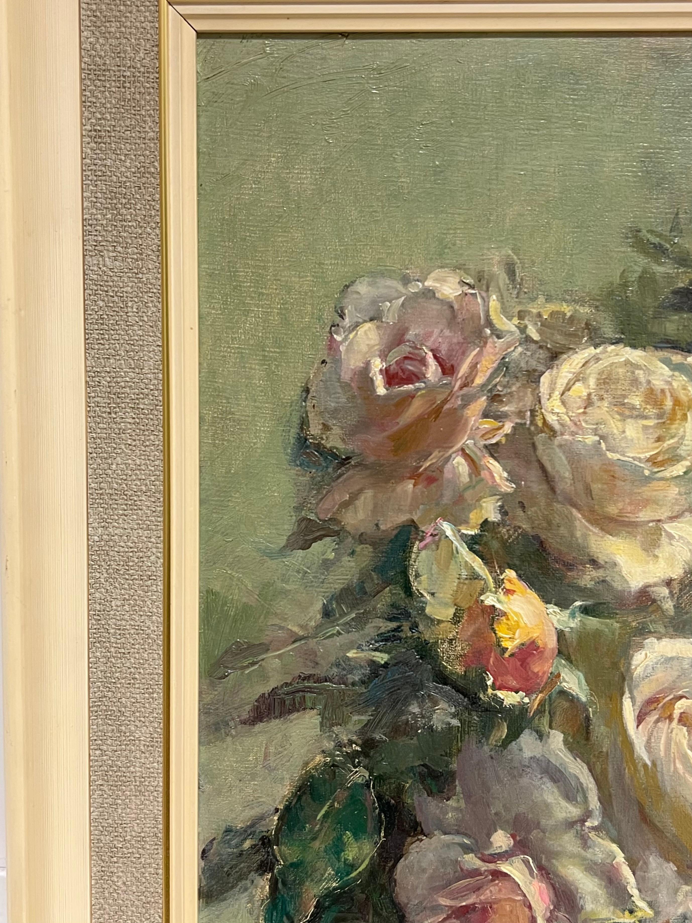 Fine British Stillleben Vintage Ölgemälde Bouquet of Roses Signiert & Gerahmt (Englische Schule), Painting, von Harry Freckleton