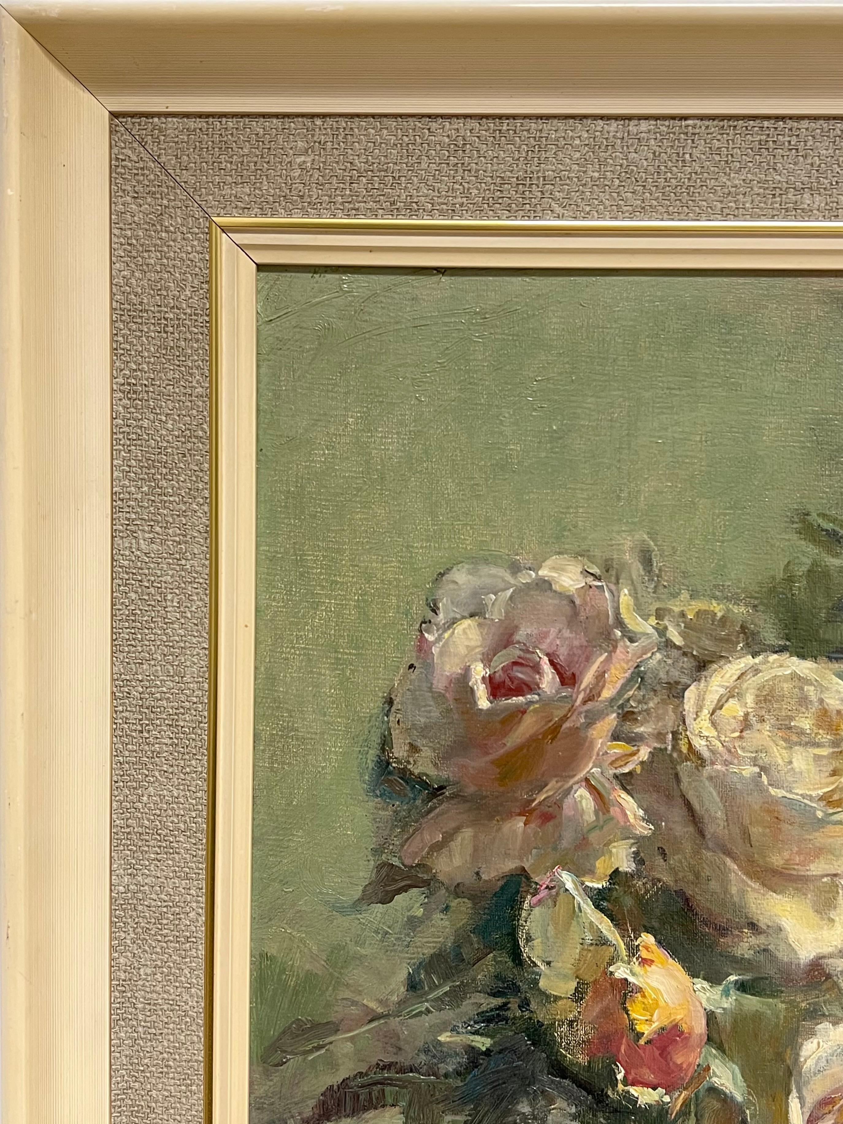 Fine British Stillleben Vintage Ölgemälde Bouquet of Roses Signiert & Gerahmt im Angebot 3