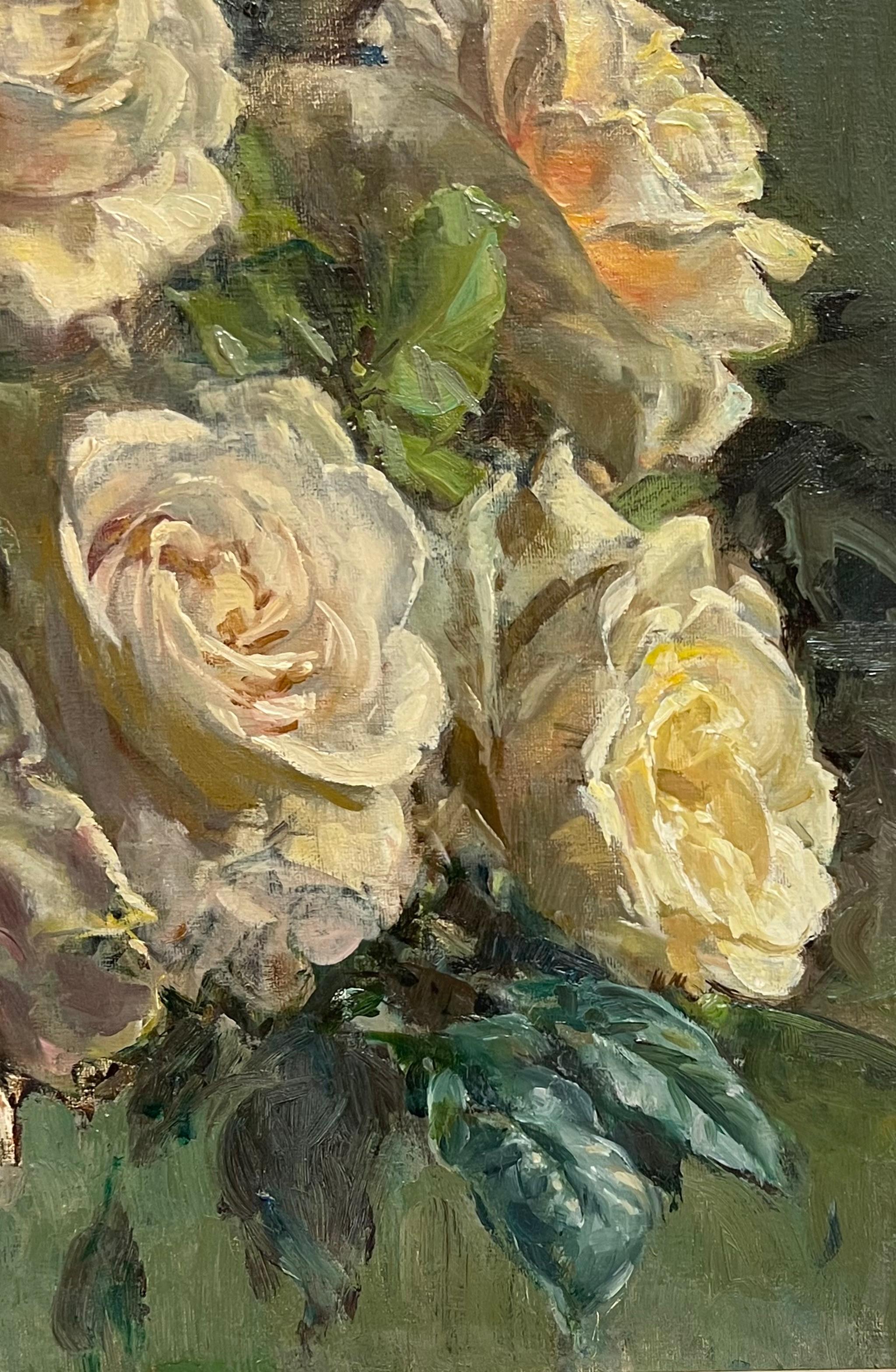 Fine British Stillleben Vintage Ölgemälde Bouquet of Roses Signiert & Gerahmt im Angebot 4