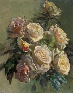 Fine British Stillleben Vintage Ölgemälde Bouquet of Roses Signiert & Gerahmt
