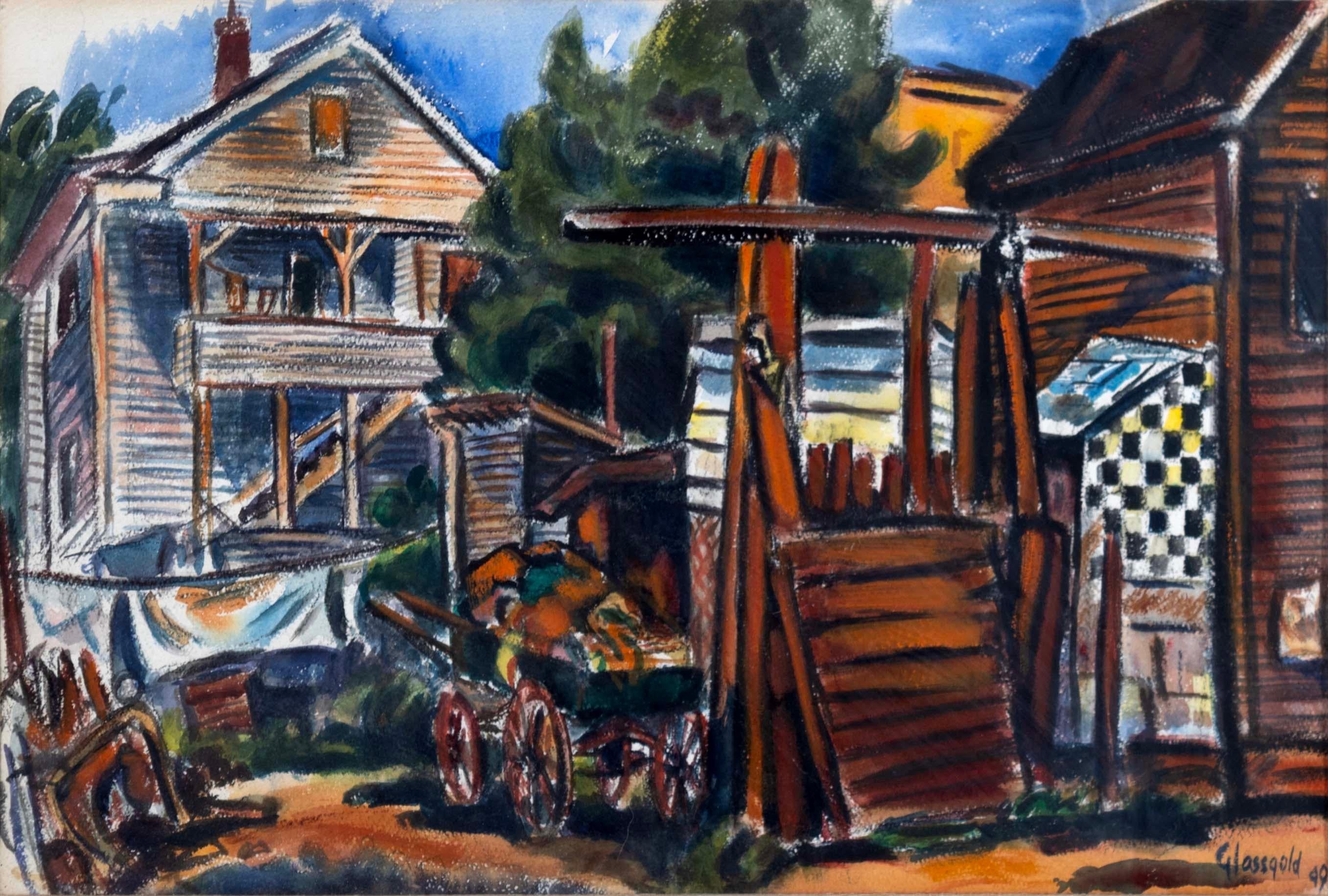 An energetic and bright watercolor on paper showcasing an example of modern American Impressionism by Harry Glassgold. Signed bottom right and dated 1949. The subject appears to be a rural town and the dwellings found within. The bright colors are