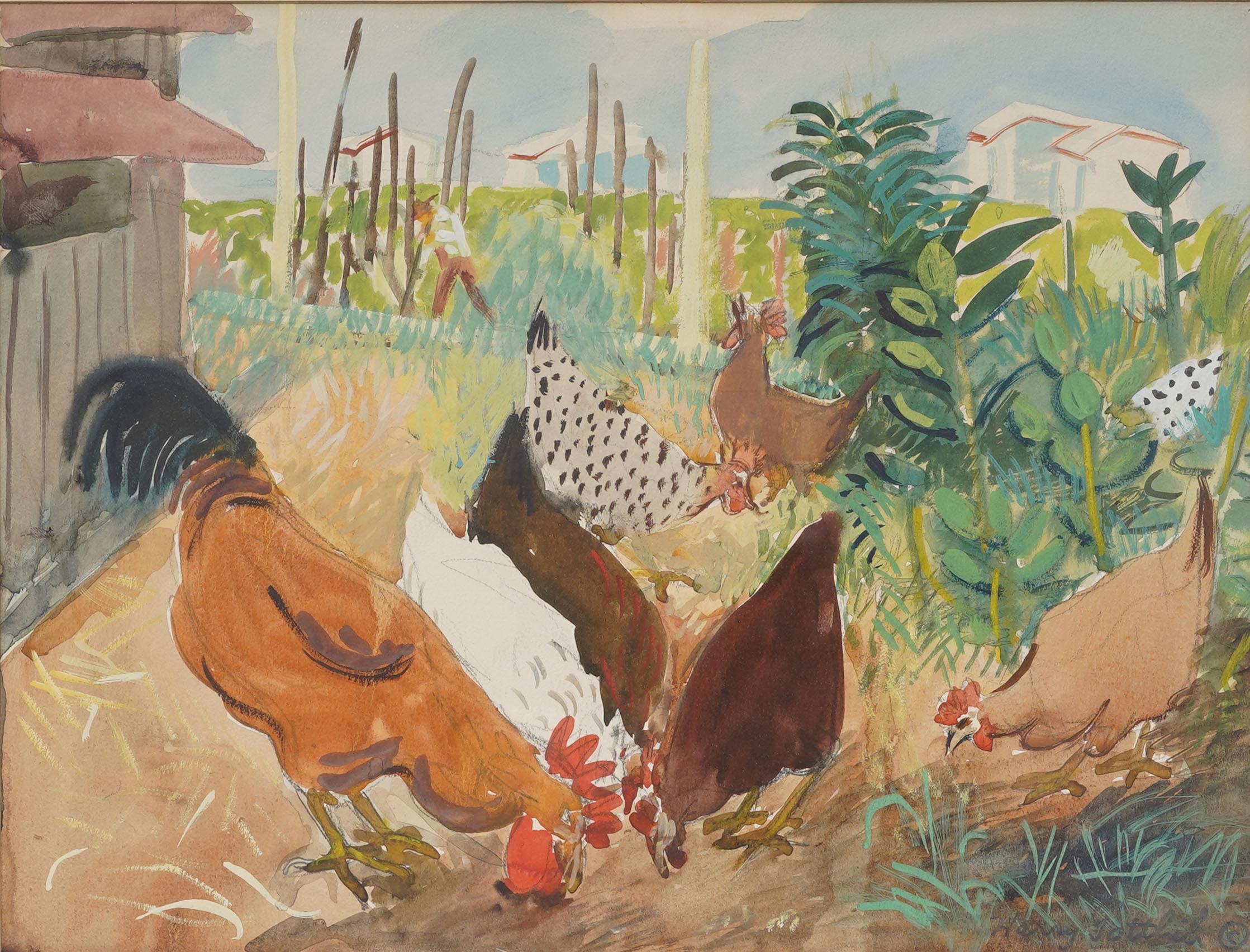 Ancienne peinture moderniste américaine Poulets broutant Paysage bucolique encadrée - Moderne Painting par Harry Gottlieb