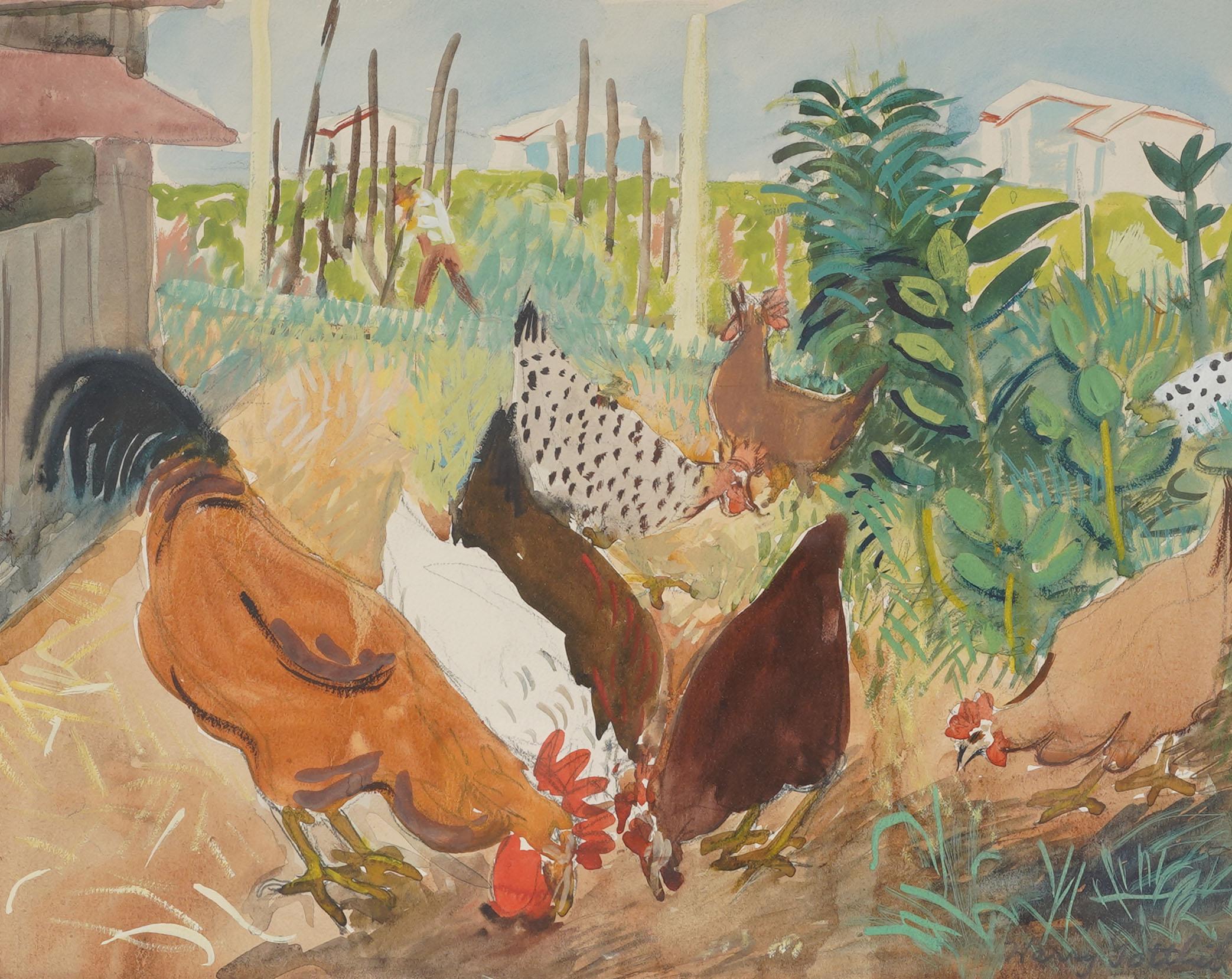 Ancienne peinture moderniste américaine Poulets broutant Paysage bucolique encadrée - Beige Animal Painting par Harry Gottlieb