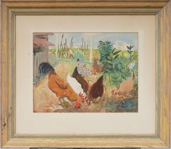 Ancienne peinture moderniste américaine Poulets broutant Paysage bucolique encadrée