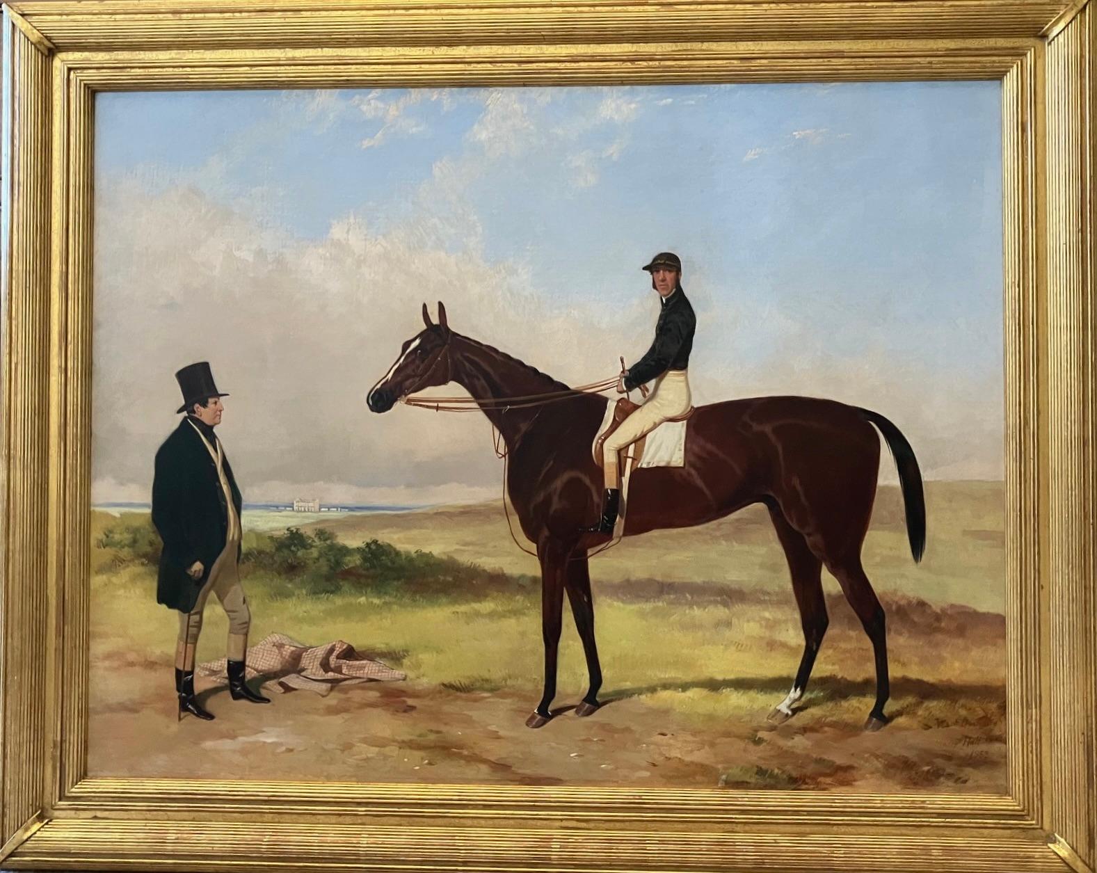 Fino óleo sobre lienzo del apreciado artista inglés Harry Hall firmado, titulado y fechado en 1853 en el ángulo inferior derecho. La escena representa a un purasangre llamado West Australian con su jinete en la silla y el entrenador en primer plano