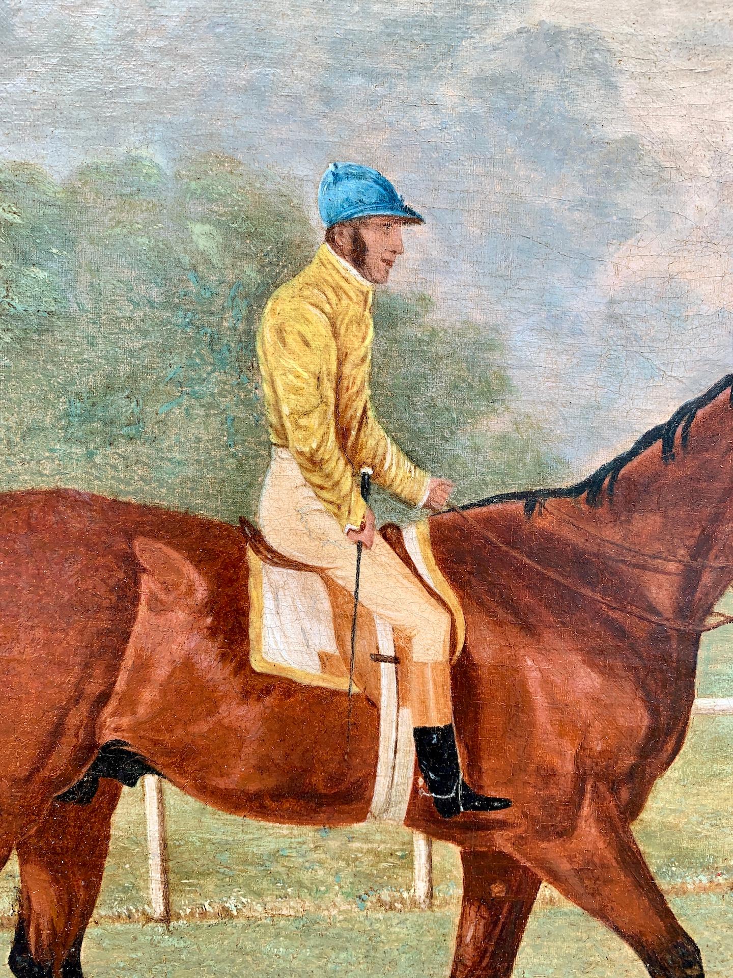 19th century English Antique portrait of a Race horse, Jockey, owner landscape - Painting by Harry Hall