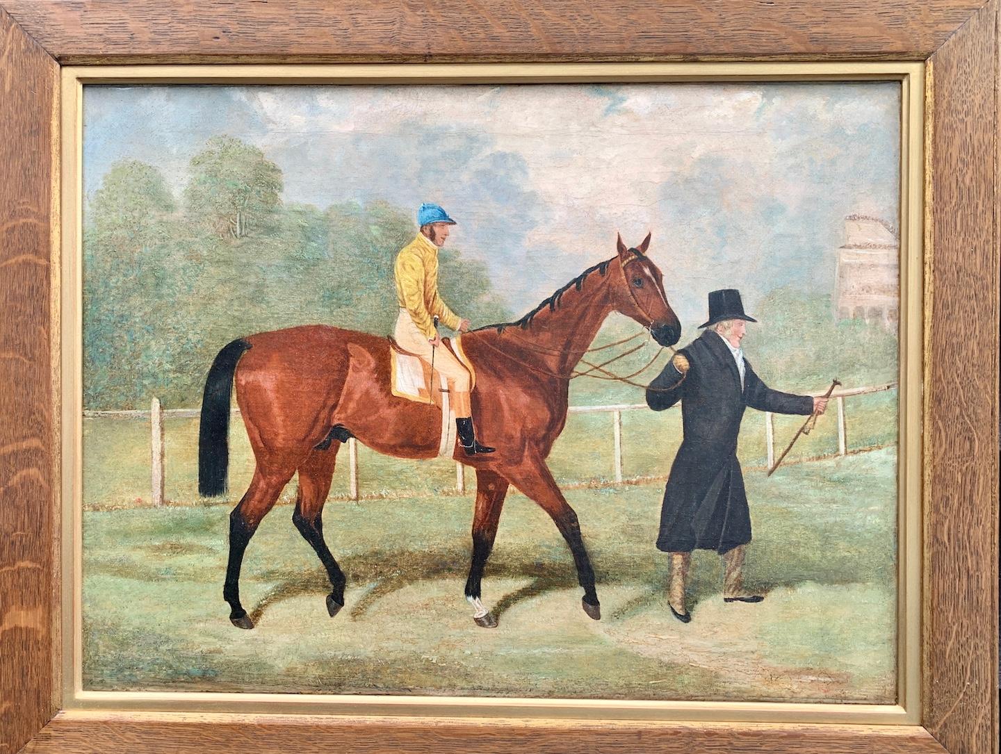 Harry Hall Animal Painting - 19th century English Antique portrait of a Race horse, Jockey, owner landscape