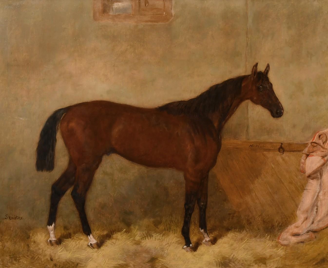 19th century painting of a chestnut hunter in a stable, signed and dated  - Painting by Harry Hall