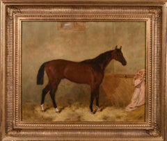 Antique 19th century painting of a chestnut hunter in a stable, signed and dated