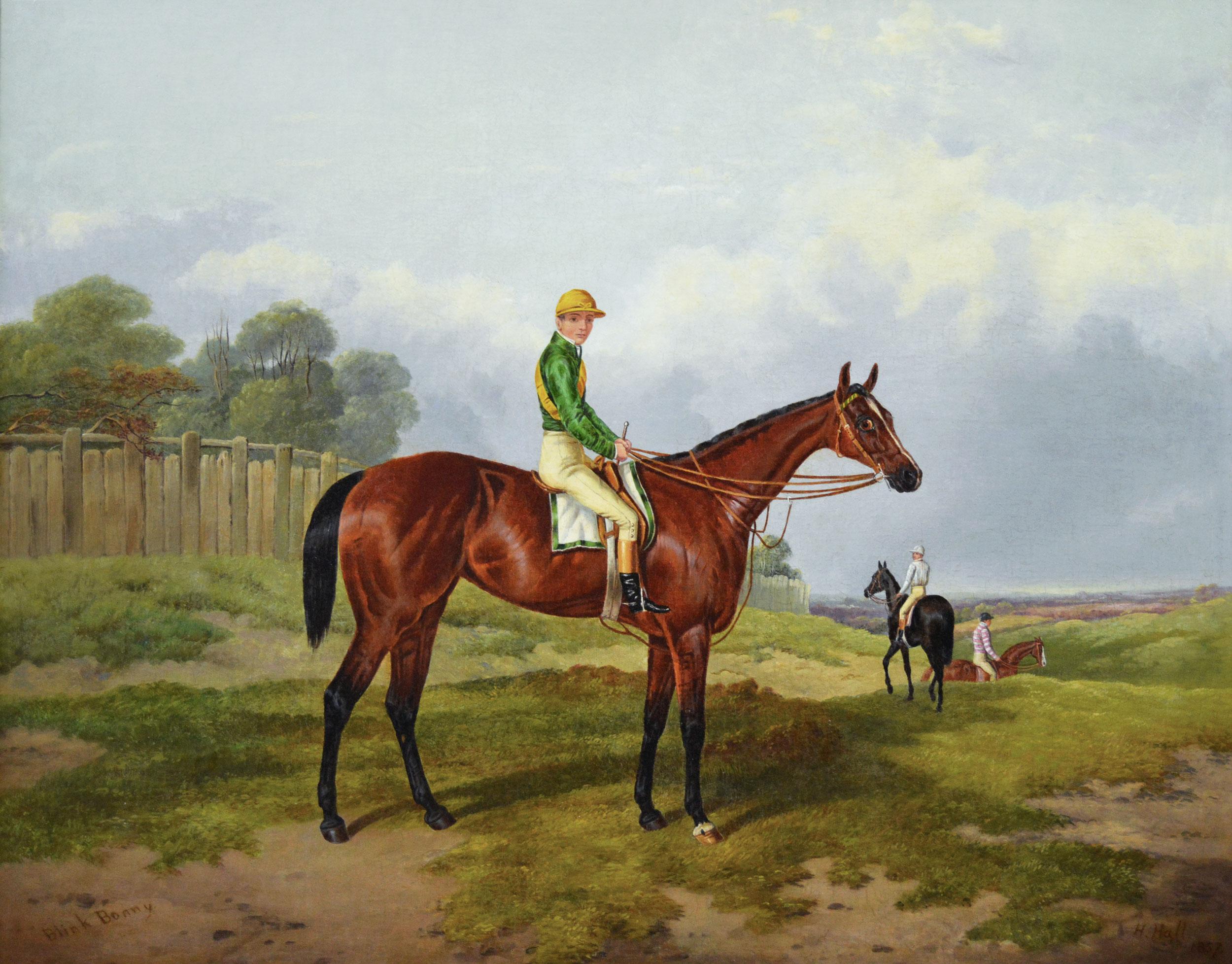 19th Century sporting horse portrait oil painting of the racehorse Blink Bonny - Painting by Harry Hall