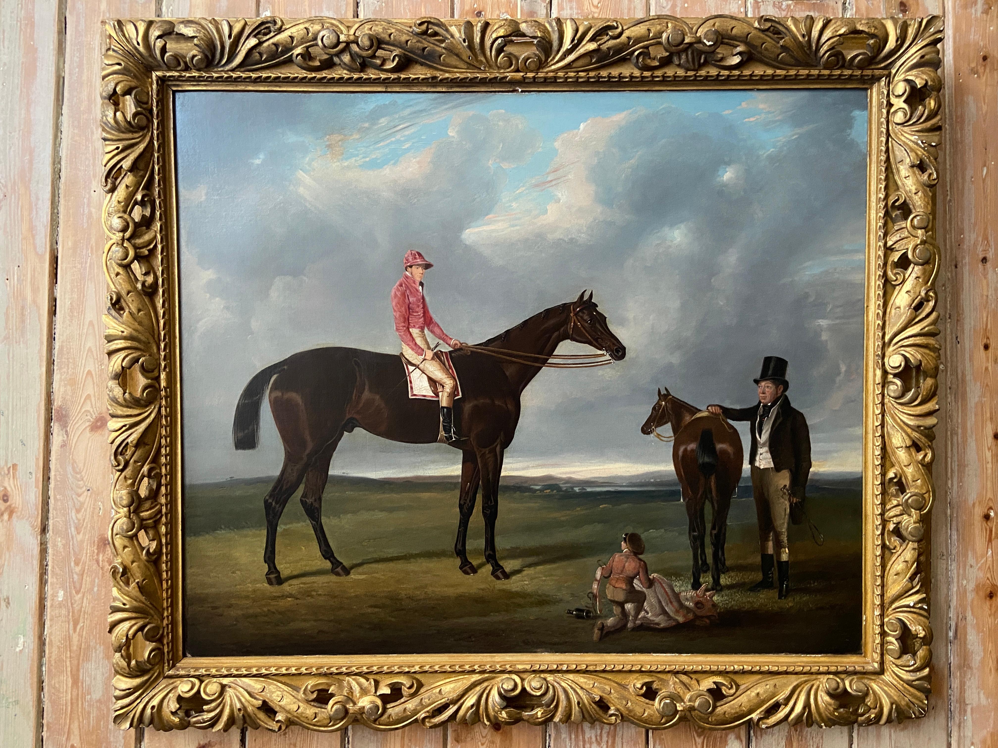 Un cheval de course avec son propriétaire et son jockey, peinture à l'huile équine du 19e siècle - Painting de Harry Hall