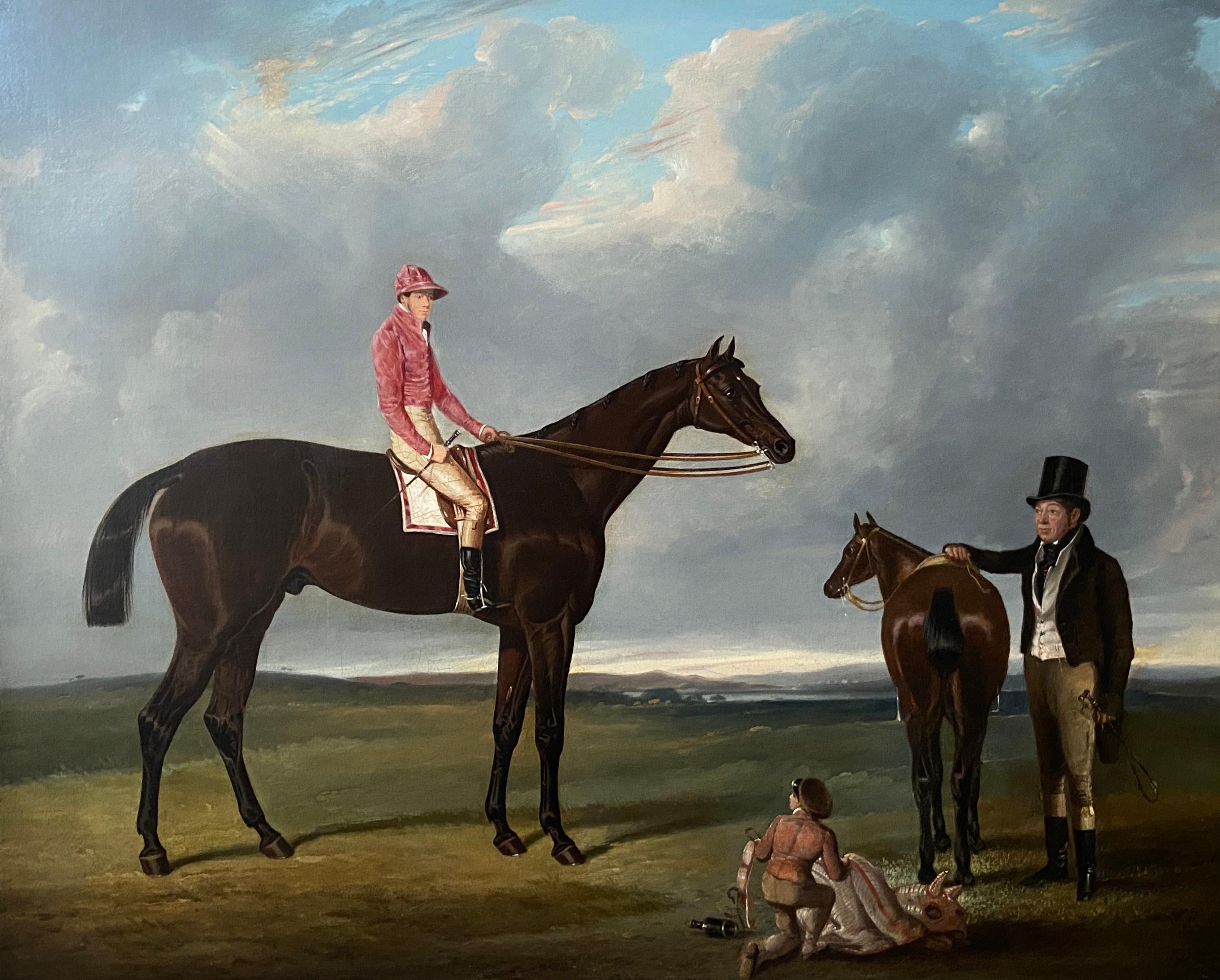 Animal Painting Harry Hall - Un cheval de course avec son propriétaire et son jockey, peinture à l'huile équine du 19e siècle