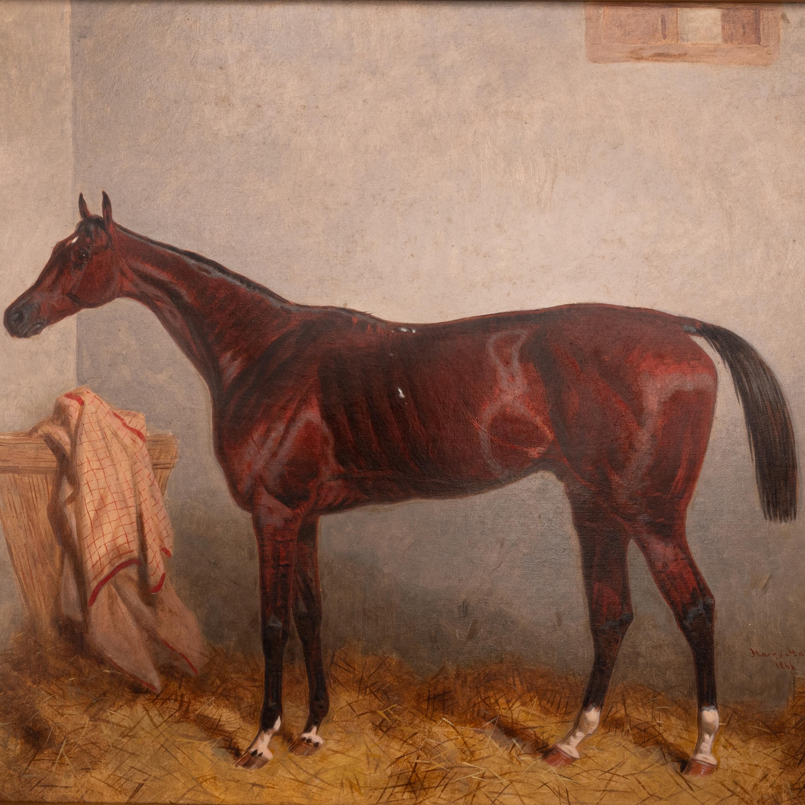 Antico dipinto a olio del cavallo da corsa 