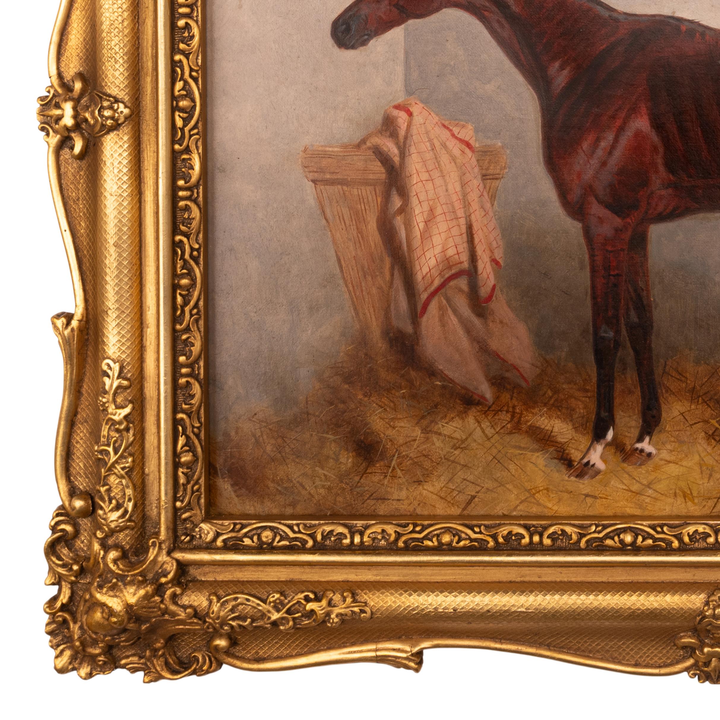 Antico dipinto a olio del cavallo da corsa 