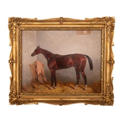 Ancienne peinture à l'huile du cheval de course "Lord Lyon" vainqueur de la Triple Couronne Harry Hall 1866