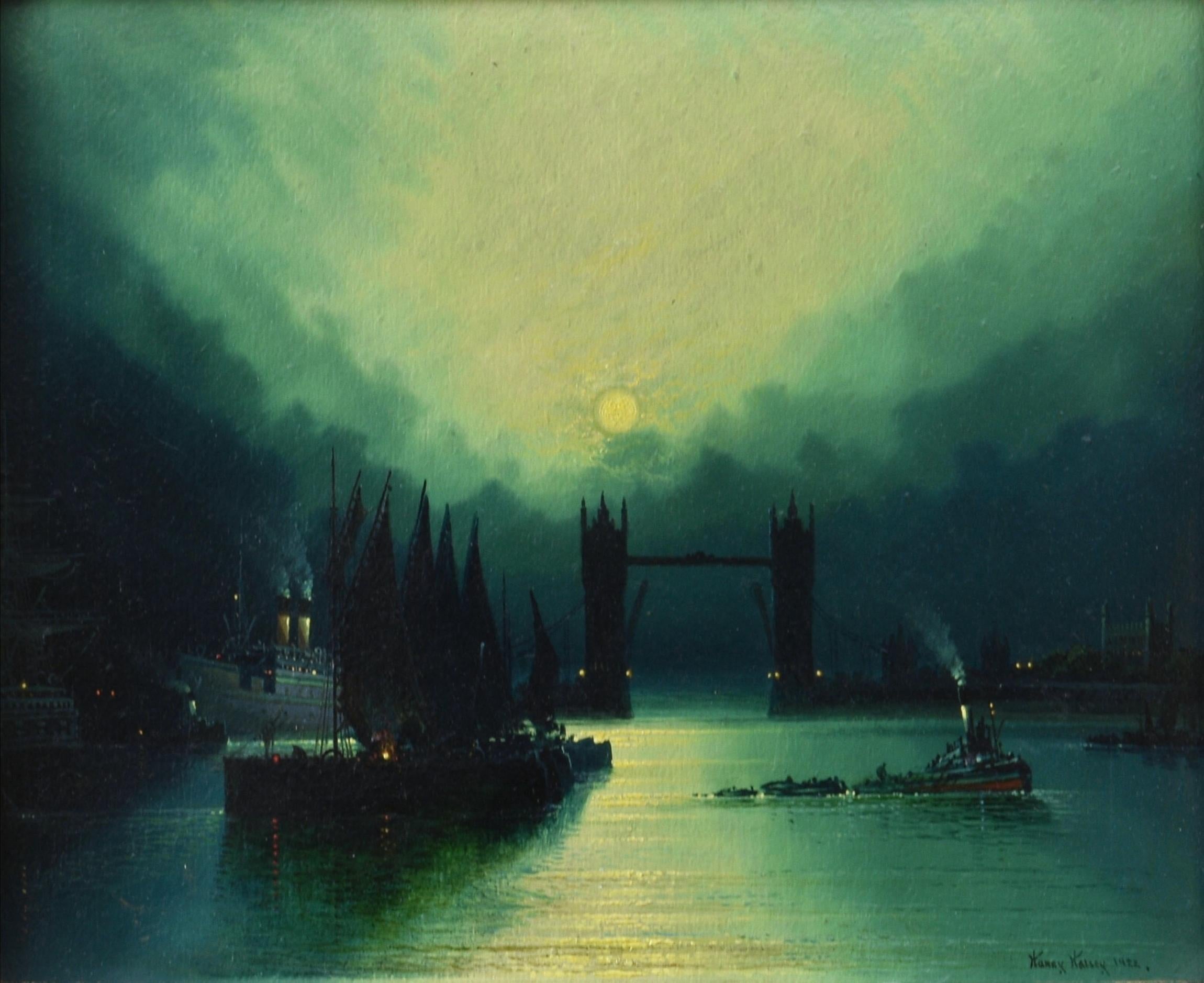 La Porta di Londra - Navigazione sul Tamigi al chiaro di luna Pittura ad olio antica - Painting di Harry Halsey Meegan