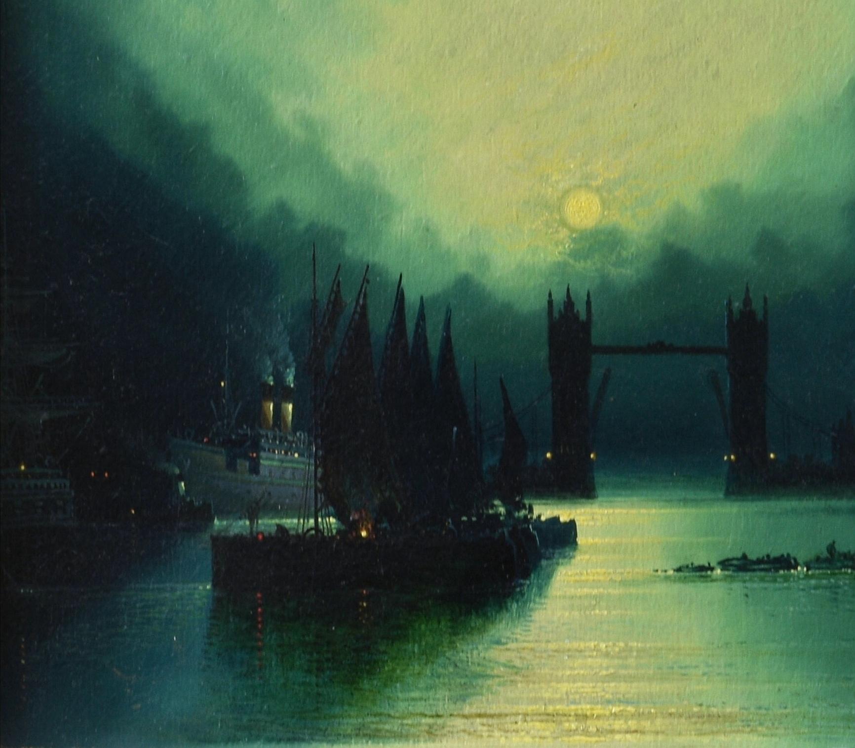 Questo bellissimo olio su tavola firmato e datato 1922 di Harry Halsey Meegan raffigura la navigazione sul fiume Tamigi a Londra al chiaro di luna. 

Il luogo è conosciuto come la Piscina di Londra, ovvero l'area a cui le navi possono accedere prima