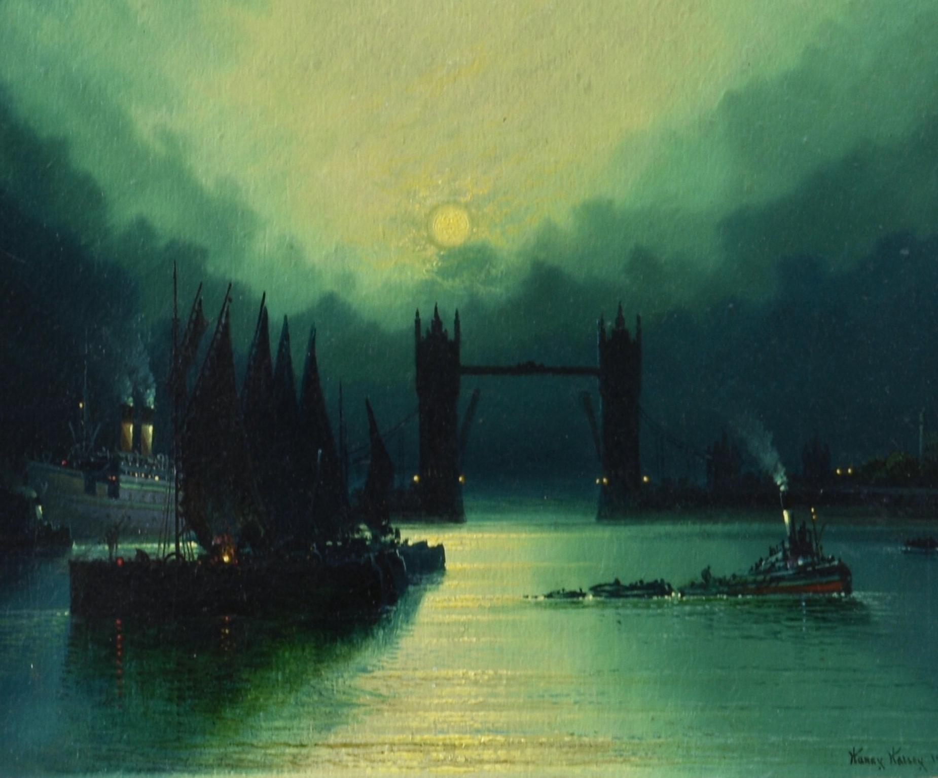 La Porta di Londra - Navigazione sul Tamigi al chiaro di luna Pittura ad olio antica 1