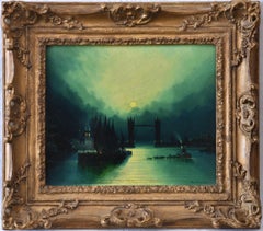 The Gate of London - Shipping on the Thames in Moonlight Antique Oil Painting