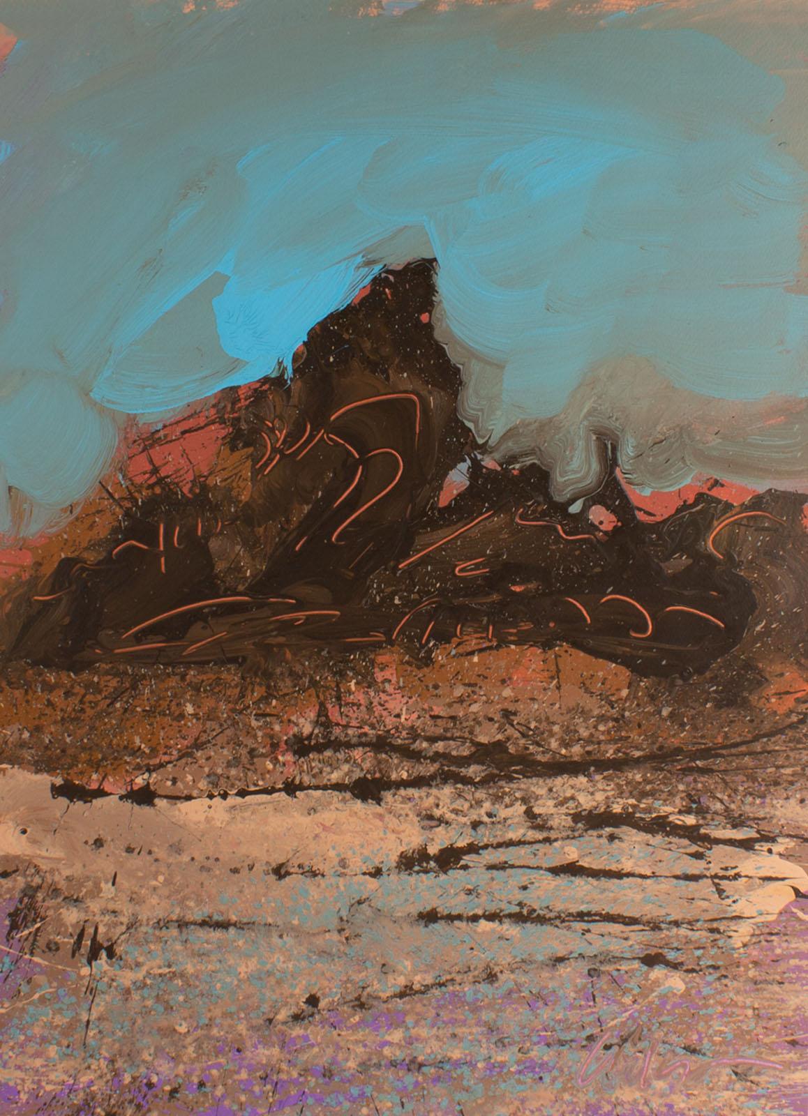 A 1980s abstract acrylic on paper mountainous landscape painting by American artist Harry Hilson (1935-2004). Gestural lines come together to create a vibrant abstract landscape with brown and pink mountains in the background and pink and blue