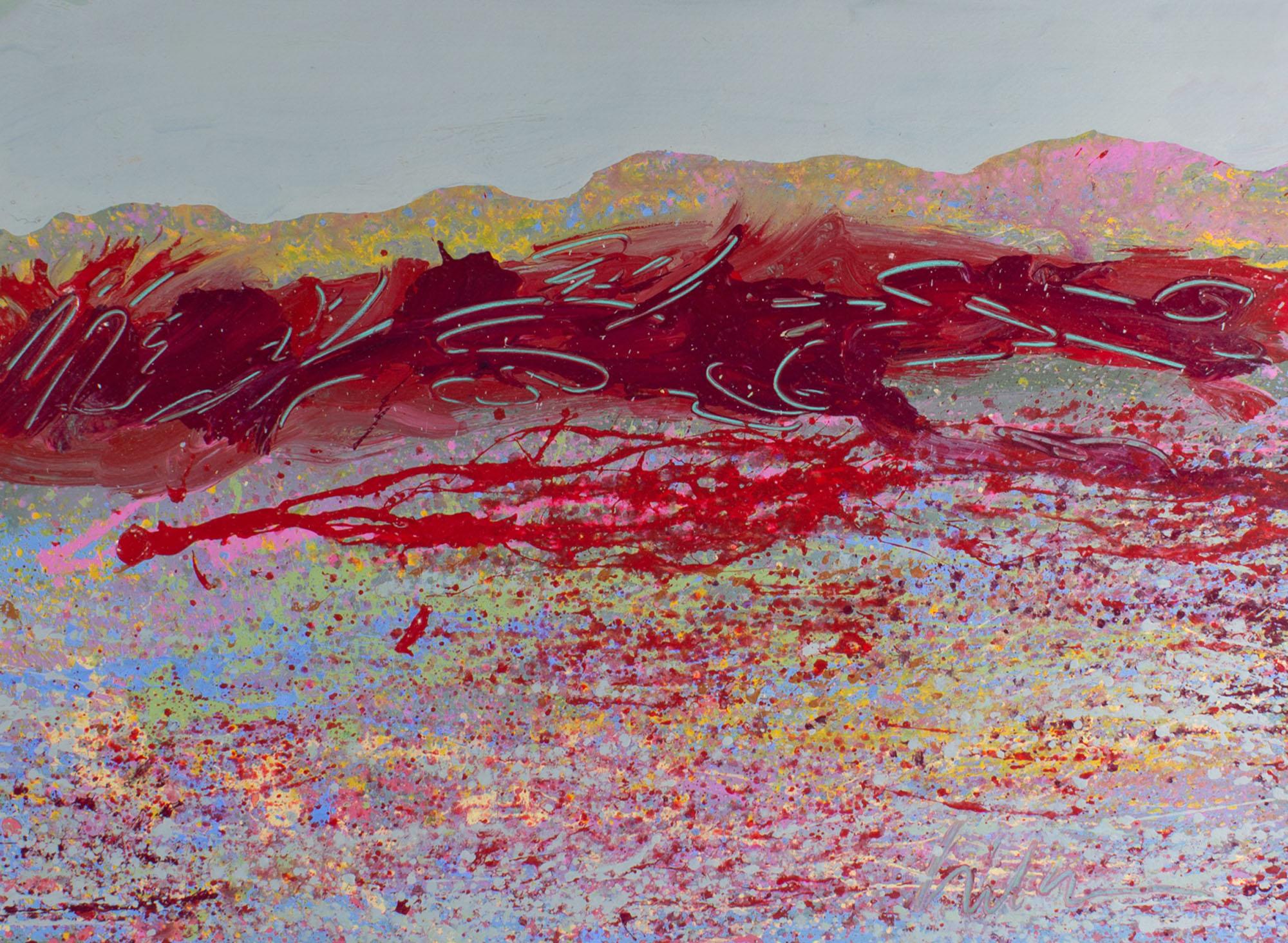 A 1980s abstract acrylic on paper mountainous landscape painting by American artist Harry Hilson (1935-2004). Gestural lines come together to create a vibrant abstract landscape with yellow and pink speckled mountains in the background and red,