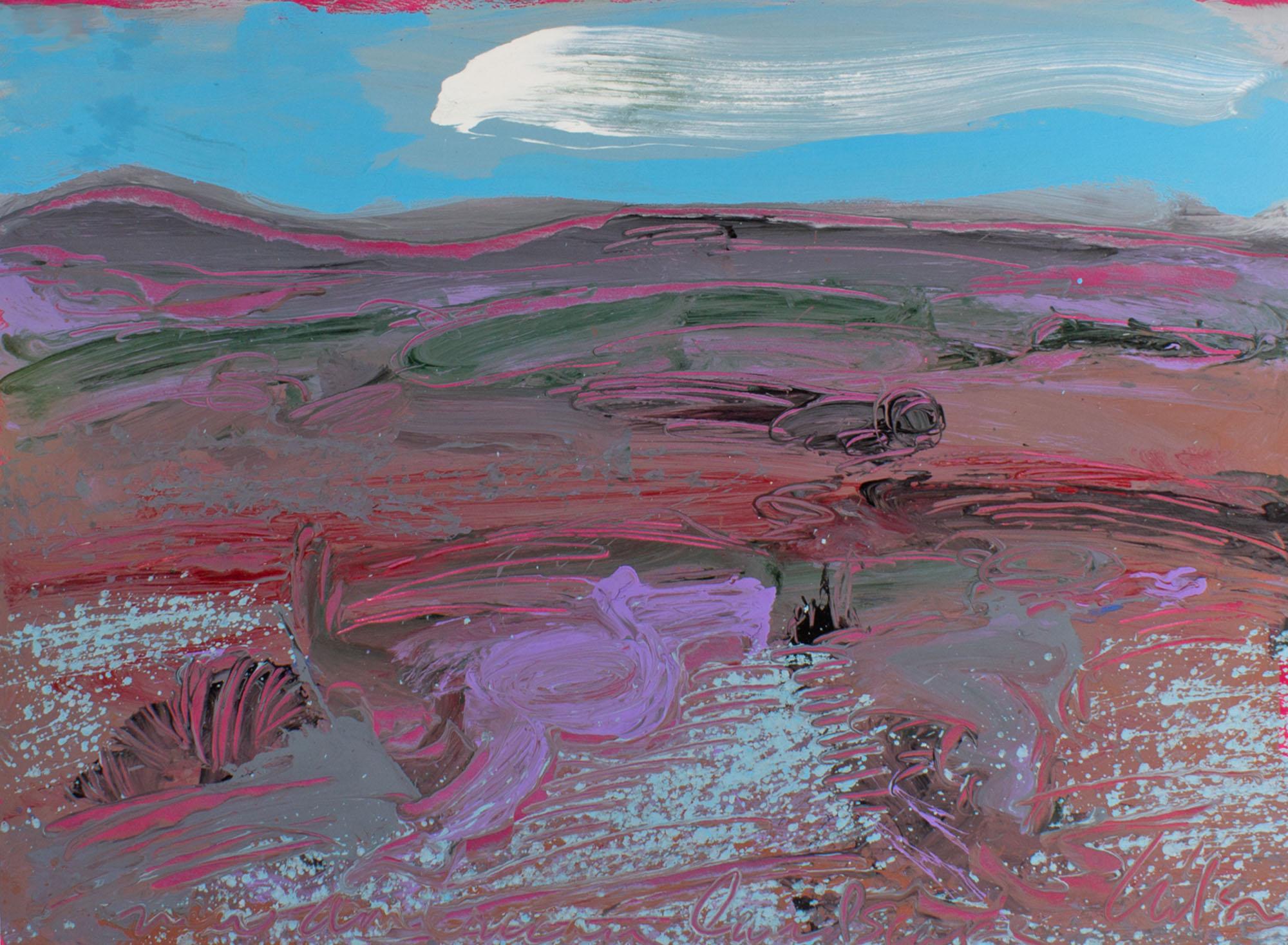 A 1980s abstract acrylic on paper mountainous landscape painting titled New American Landscape by American artist Harry Hilson (1935-2004). Gestural lines come together to create a vibrant abstract landscape with pinkish brown distant mountains in