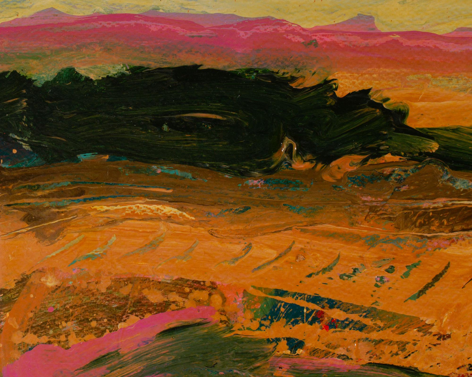 A 1980s abstract acrylic on paper mountainous landscape painting titled Northwest by American artist Harry Hilson (1935-2004). Gestural lines come together to create a vibrant abstract landscape with pink distant mountains in the background and