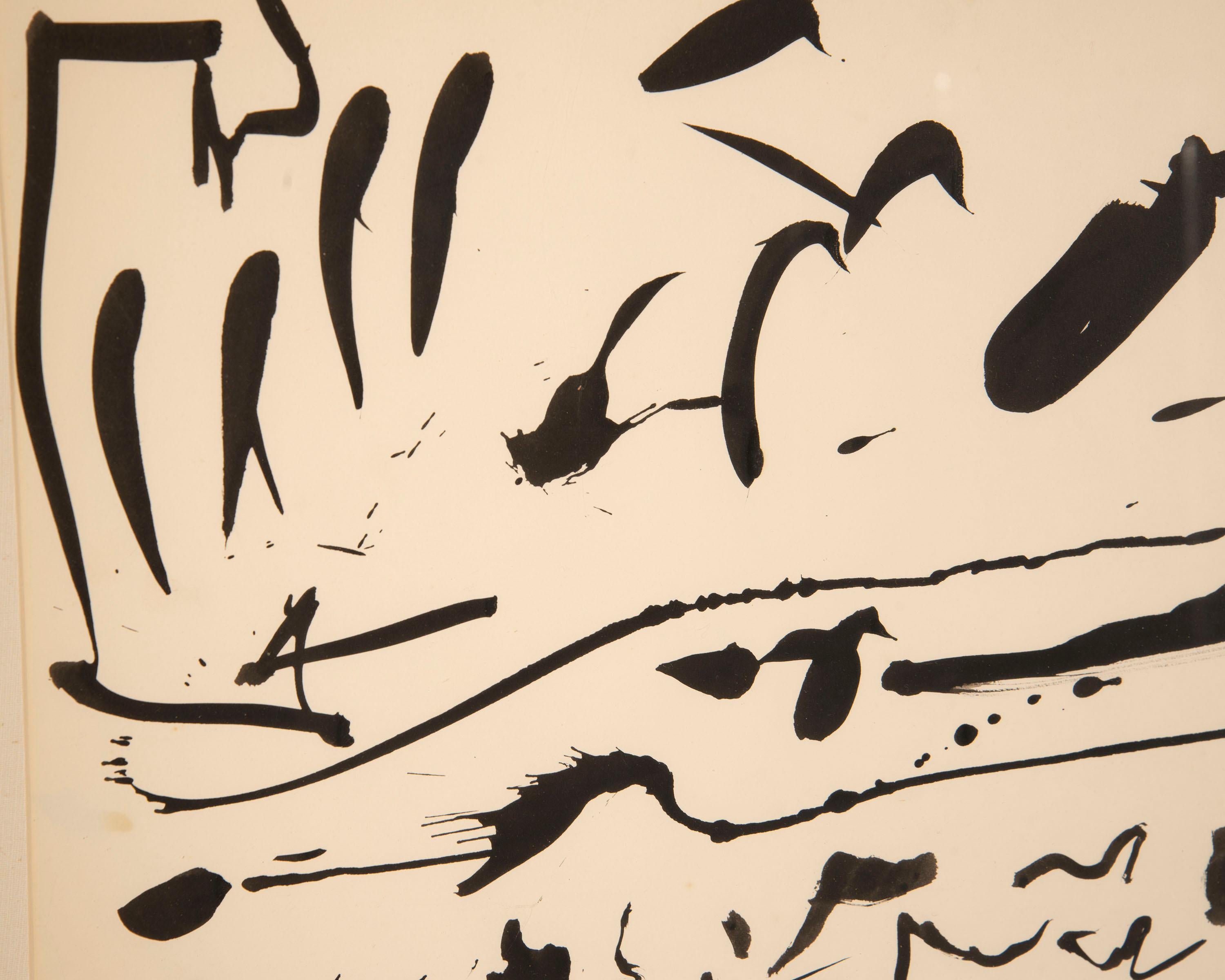 An abstract ink painting on paper by American artist Harry Hilson. Dated 1962, this expressive work uses black brushstrokes that dance across the paper. Signed and dated to the lower right corner, the painting is displayed in a wood frame and an