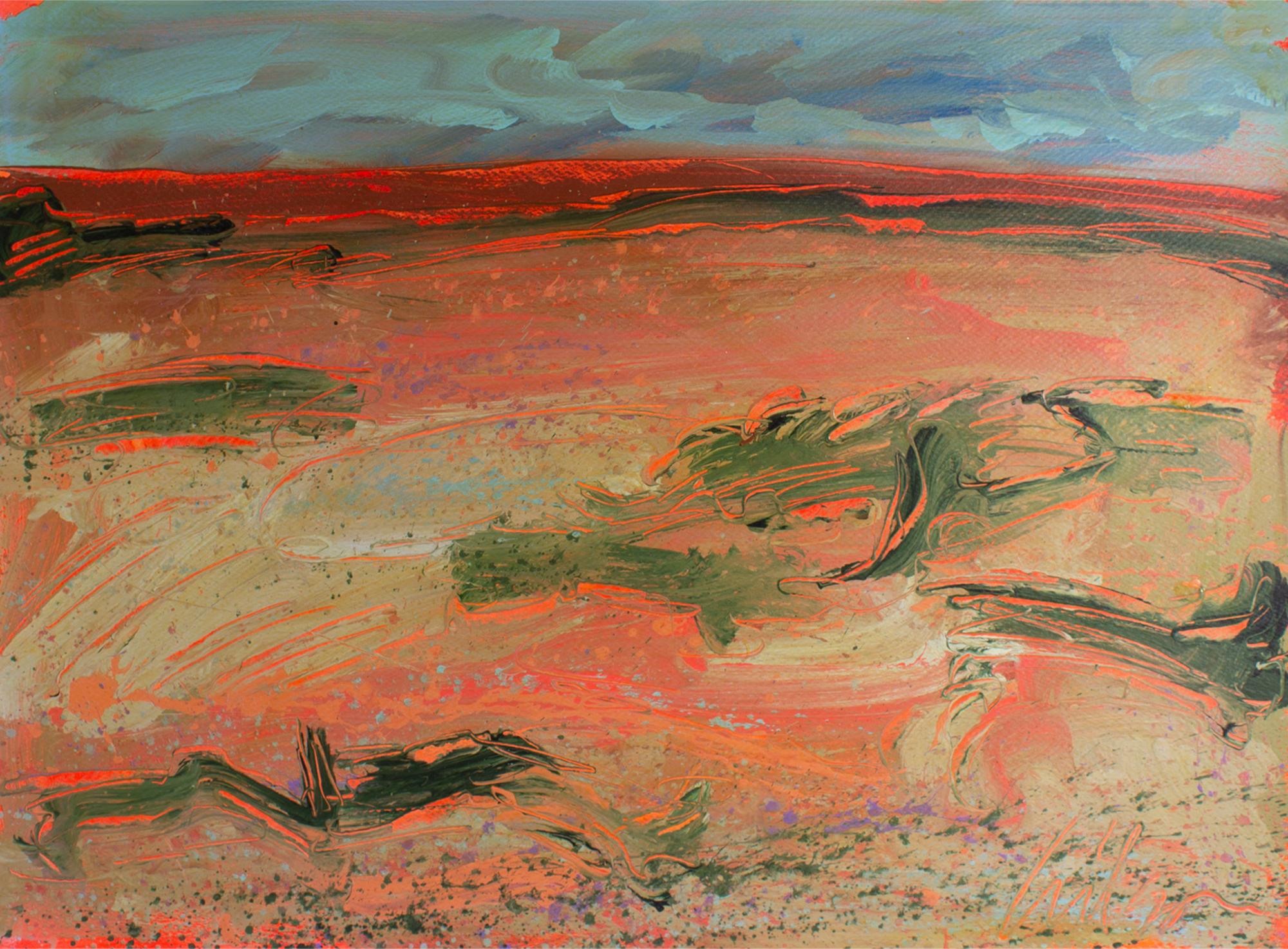 A 1980s acrylic on paper painting by the American artist Harry Hilson (1935-2004). This abstract work depicts a predominantly pink landscape accented with green brushwork and a blue sky above. Signed lower right, the work is unframed.

Harry Hilson