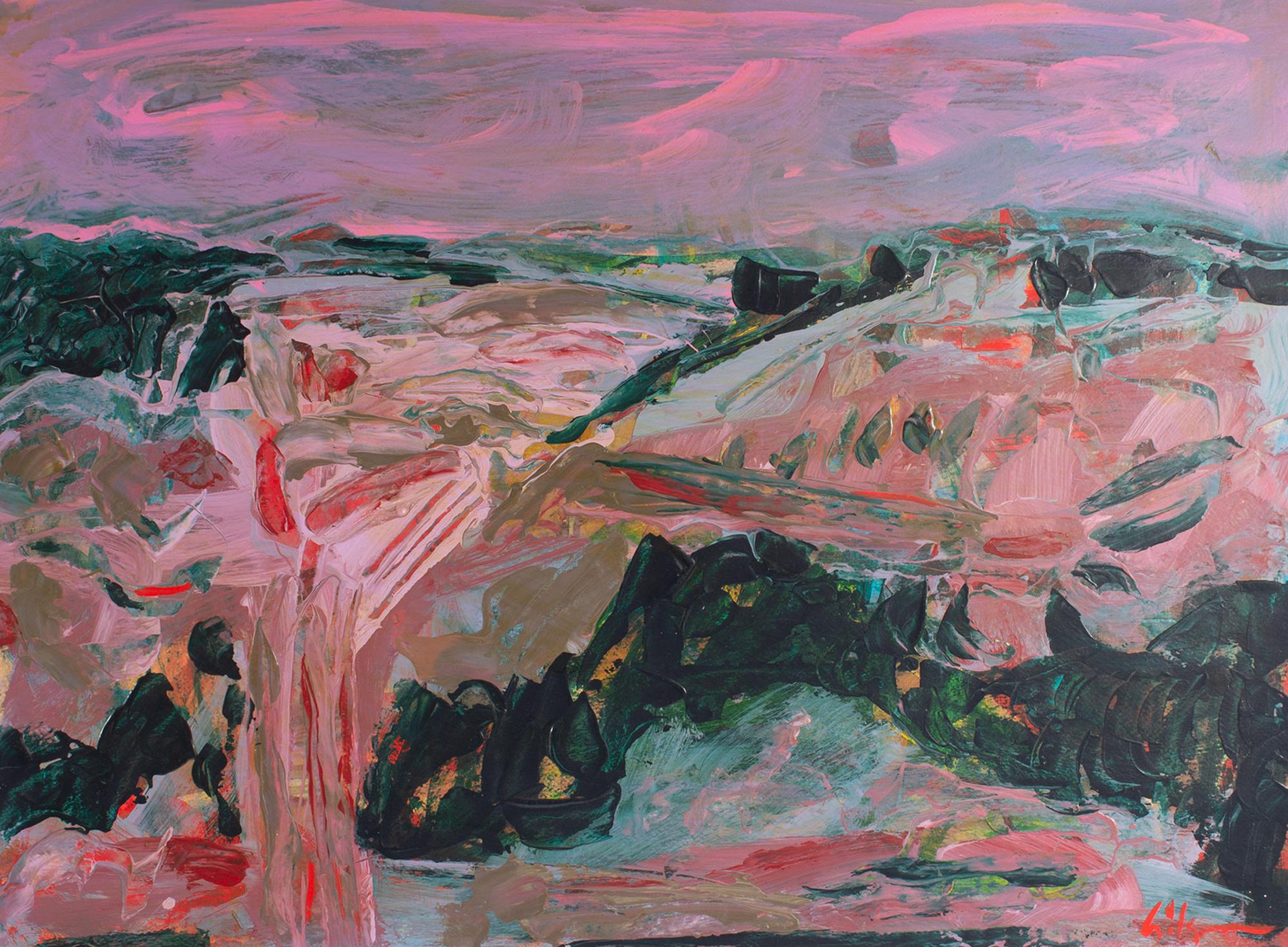 Ein Gemälde des amerikanischen Künstlers Harry Hilson (1935-2004) aus den 1980er Jahren, Acryl auf Papier. Dieses abstrakte Werk zeigt eine überwiegend rosafarbene Landschaft mit dunkelgrünen Sträuchern und Bäumen vor einem rosafarbenen Himmel. Das