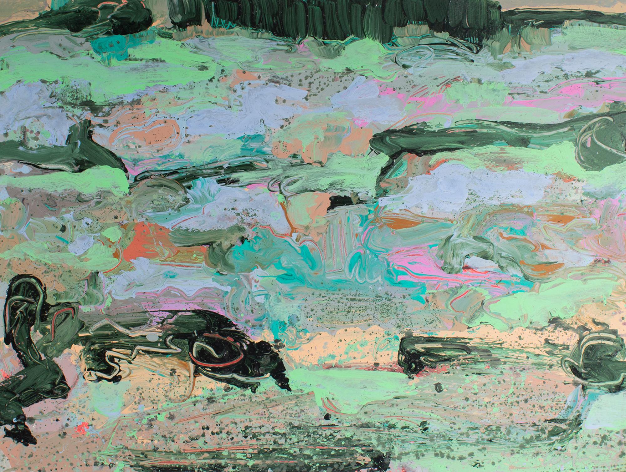 Peinture acrylique sur papier des années 1980 de l'artiste américain Harry Harris (1935-2004). Peinte au pinceau, cette peinture de paysage abstrait représente un paysage vallonné agrémenté d'arbustes aux couleurs pastel et d'un bosquet d'arbres au