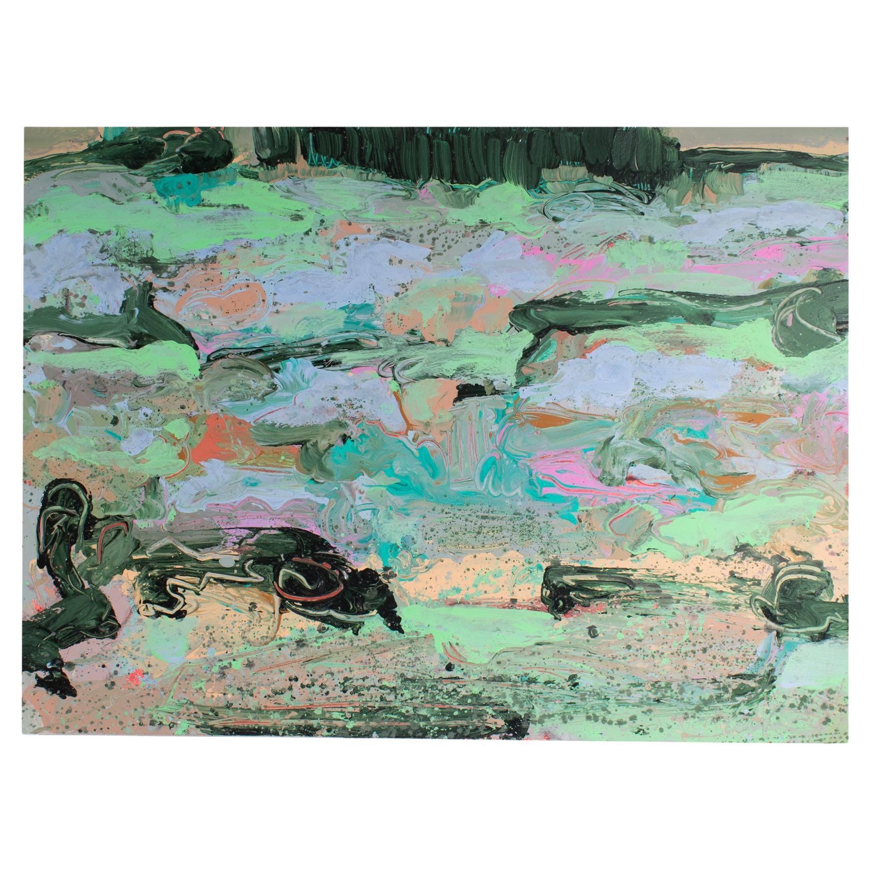 Peinture de paysage abstraite acrylique sur papier des années 1980, signée Harry Hilson en vente
