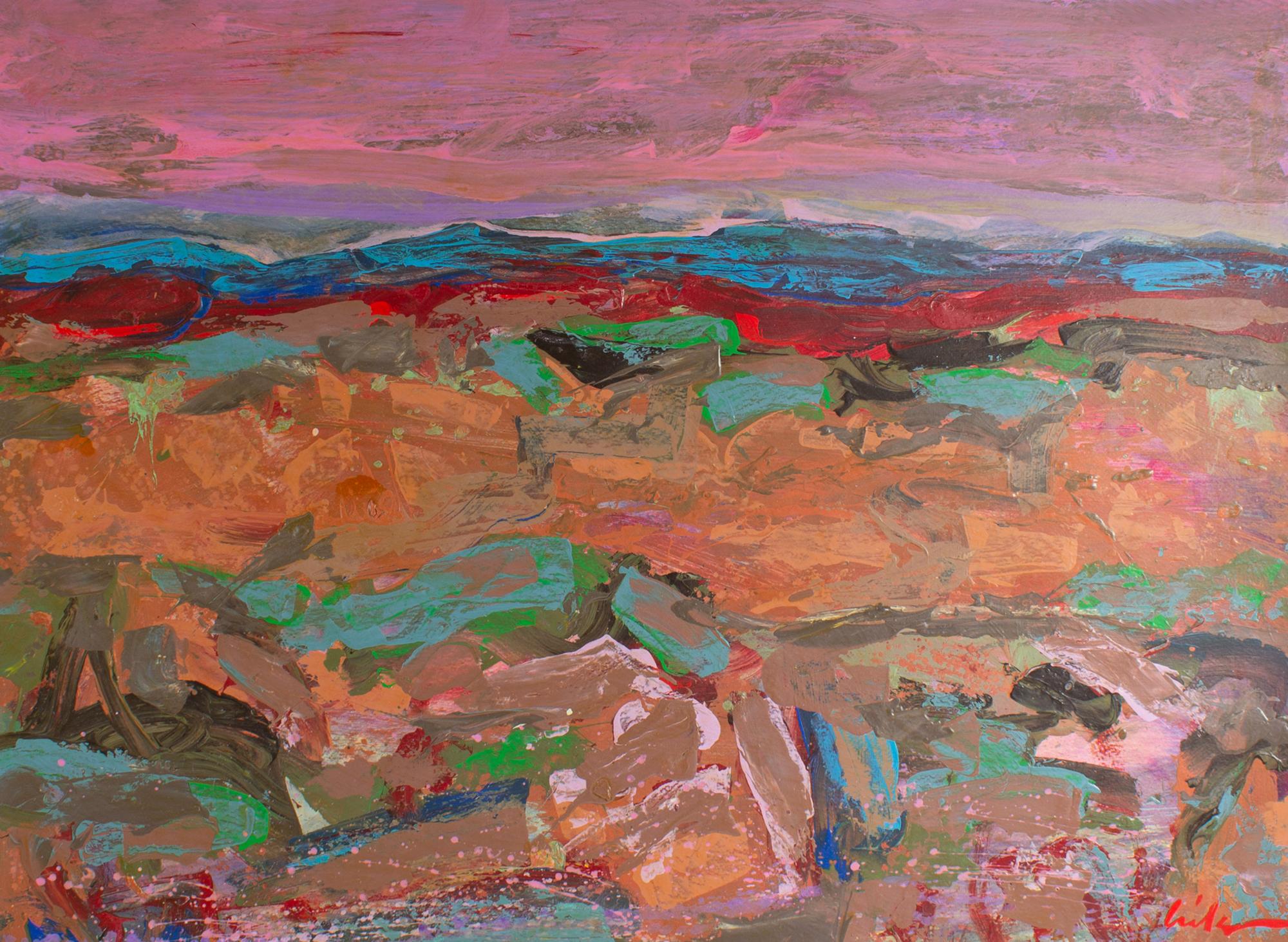 A 1980s acrylic on paper painting by the American artist Harry Hilson (1935-2004). This abstract work depicts a vibrant landscape composed of frenetic brushwork that forms a rolling landscape with distant mountains all under a saturated pink sky.