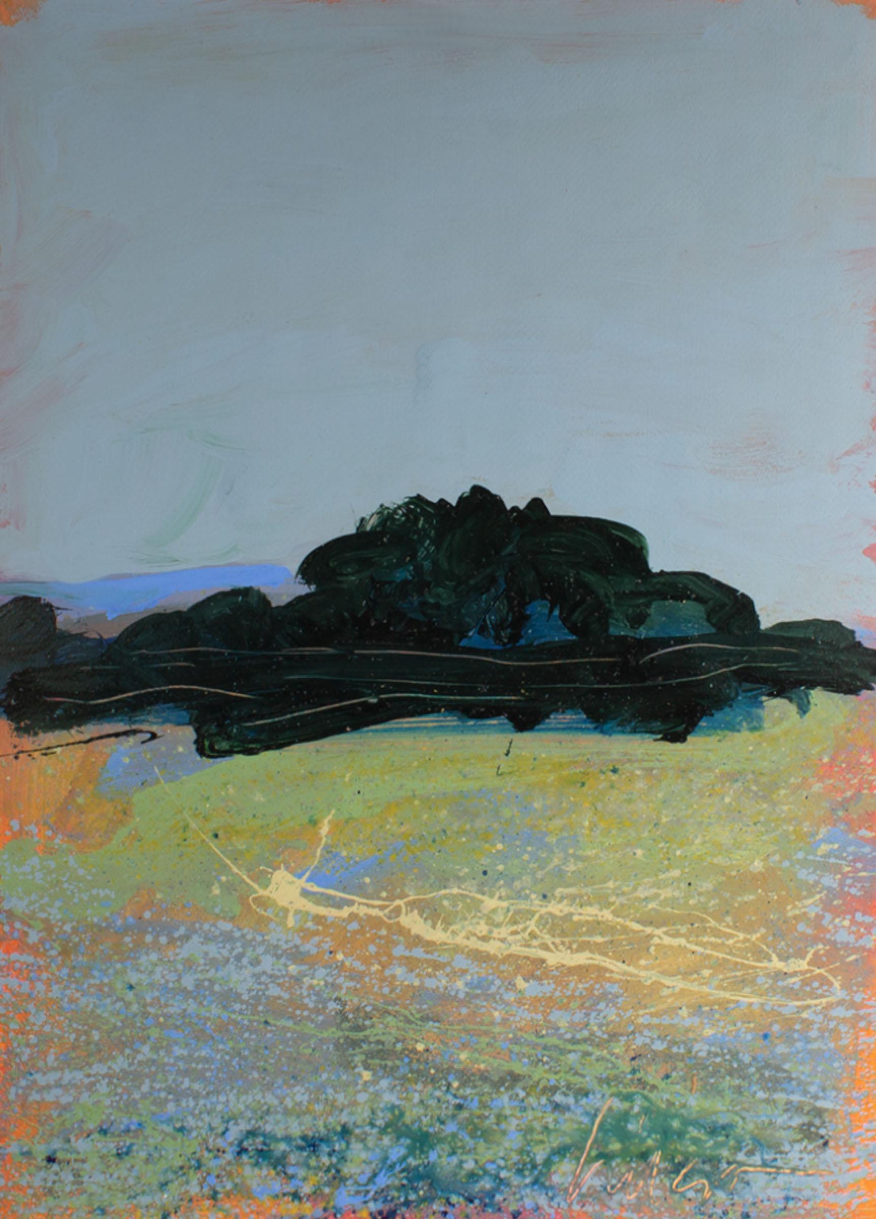Ein abstraktes Landschaftsgemälde des amerikanischen Künstlers Harry Hilson (1935-2004) in Acryl auf Papier. Gestische Linien fügen sich zu einer lebendigen abstrakten Landschaft mit einem Berg und Bäumen im Hintergrund und einem Blumenfeld im