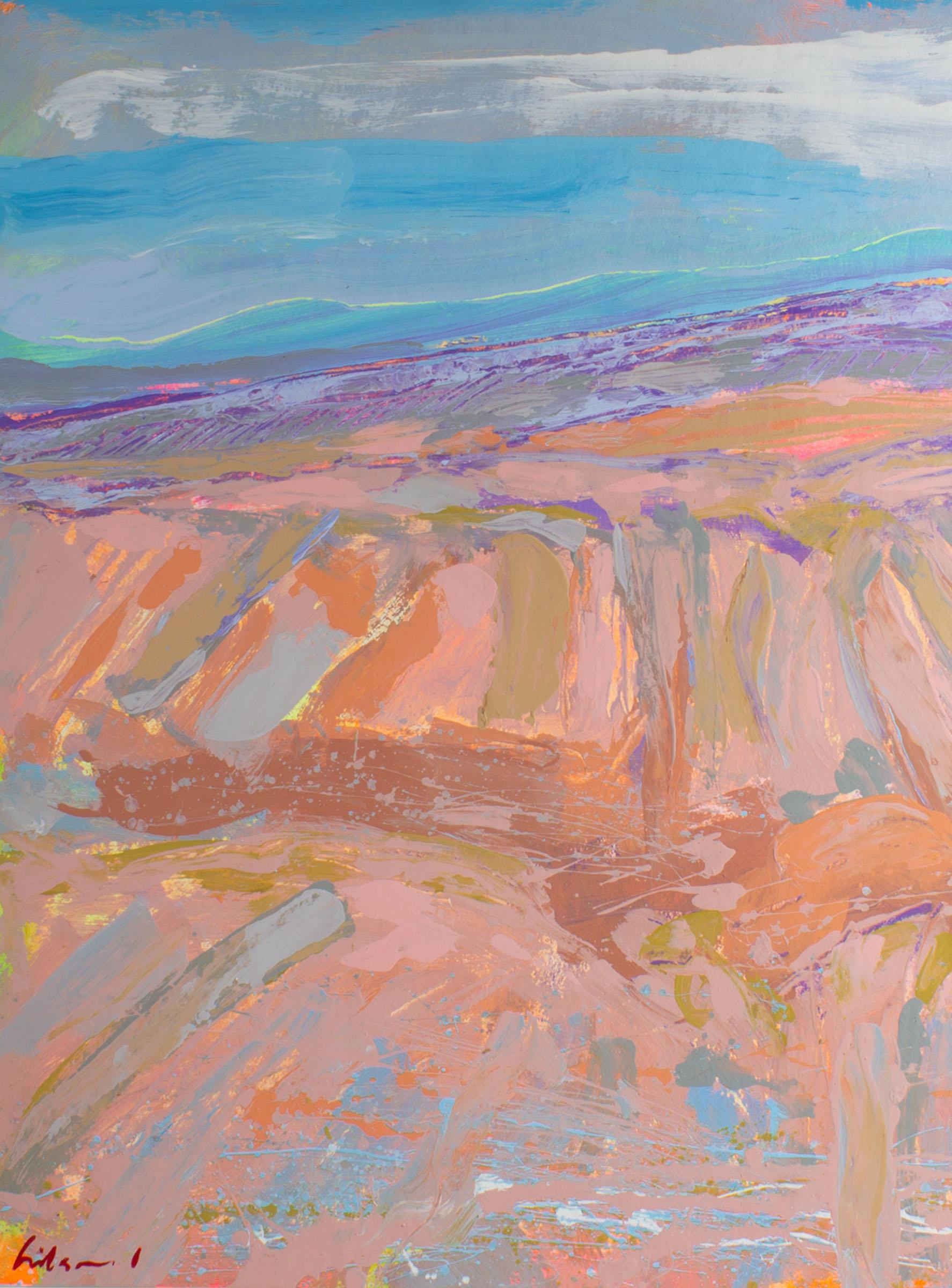 An abstract acrylic on paper landscape painting by American artist Harry Hilson (1935-2004). Gestural lines come together to create a vibrant abstract landscape with a horizon line in the background and rolling pink fields in the foreground.