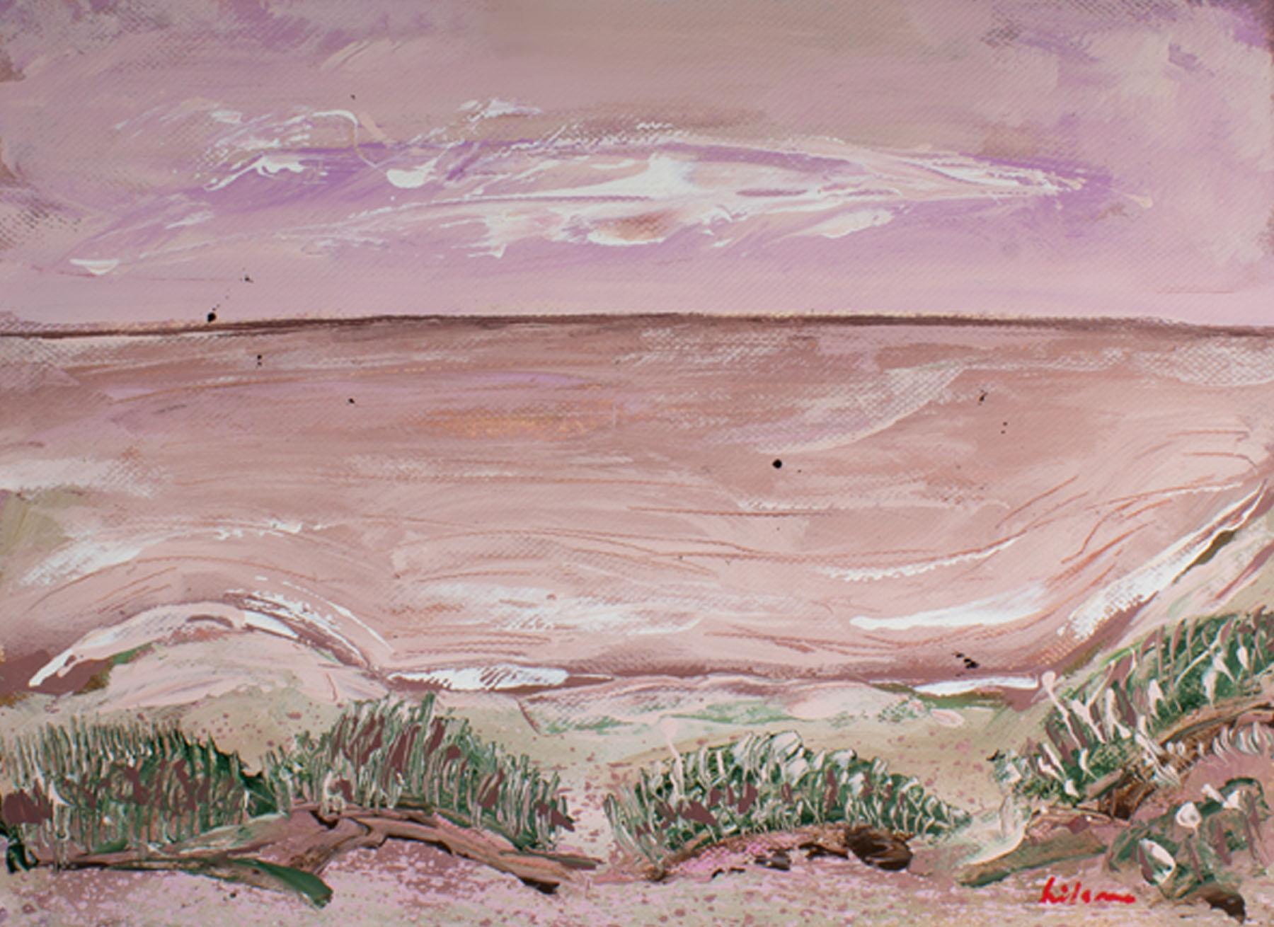 A 1980s abstract acrylic on paper beach landscape painting by American artist Harry Hilson (1935-2004). Gestural lines come together to create a vibrant pink shore with green shrubbery in the foreground. A pink and purple sunset is in the