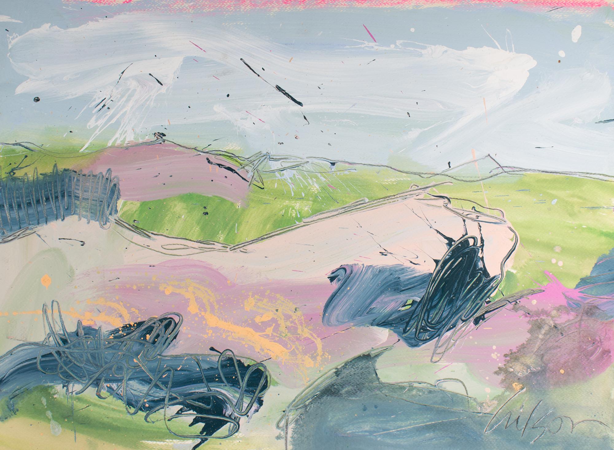 A 1980s acrylic and gouache on paper painting by the American artist Harry Hilson (1935-2004). This abstract work depicts a landscape painted in pastel colors with green, pink, and blue hills under a pale blue sky. Signed to the lower right, the