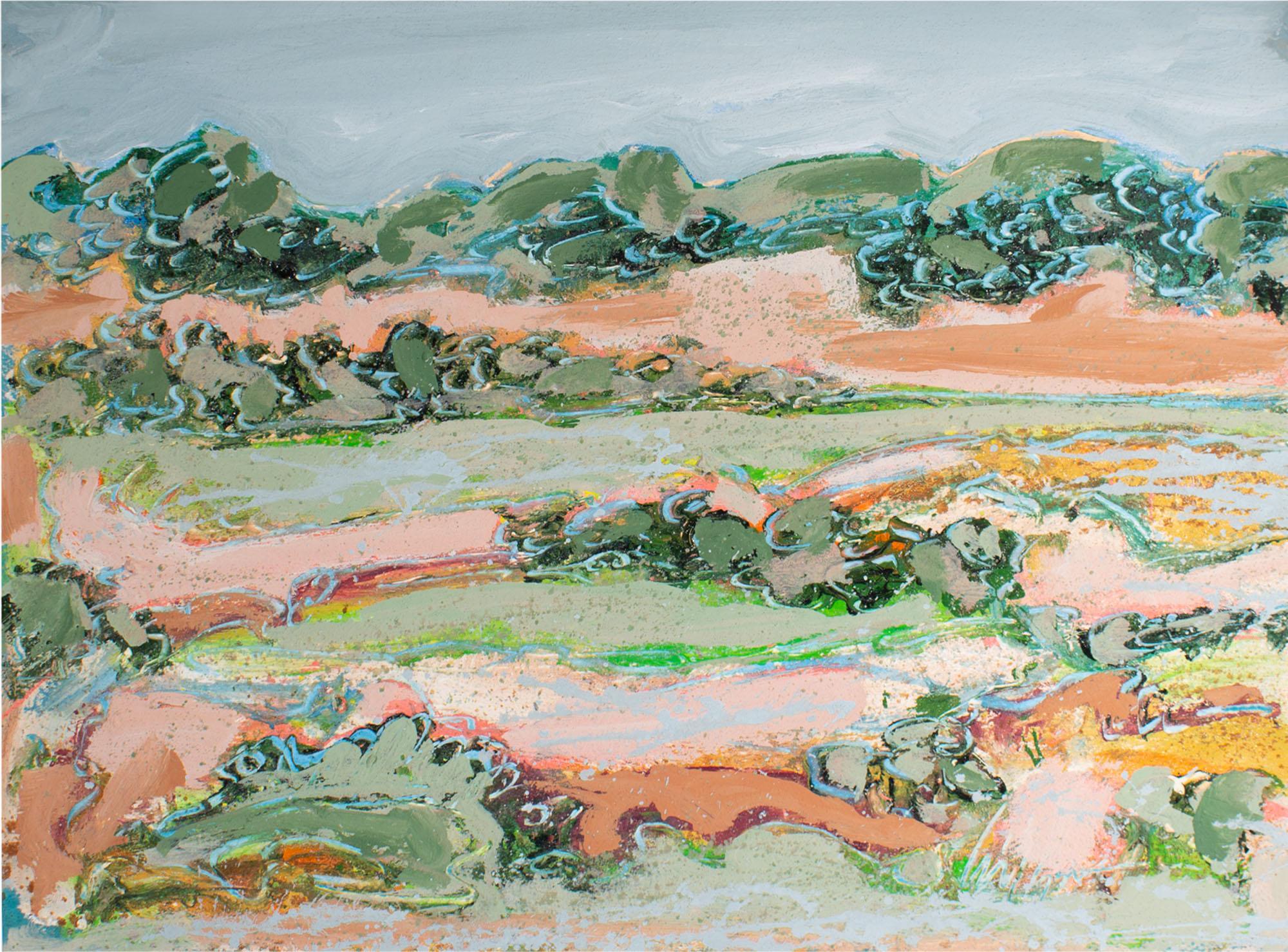 A 1980s acrylic on paper landscape painting by the American artist Harry Hilson (1935-2004). This abstract work uses sand to create texture throughout. Signed to the lower right, the painting depicts a colorful landscape dotted with trees and