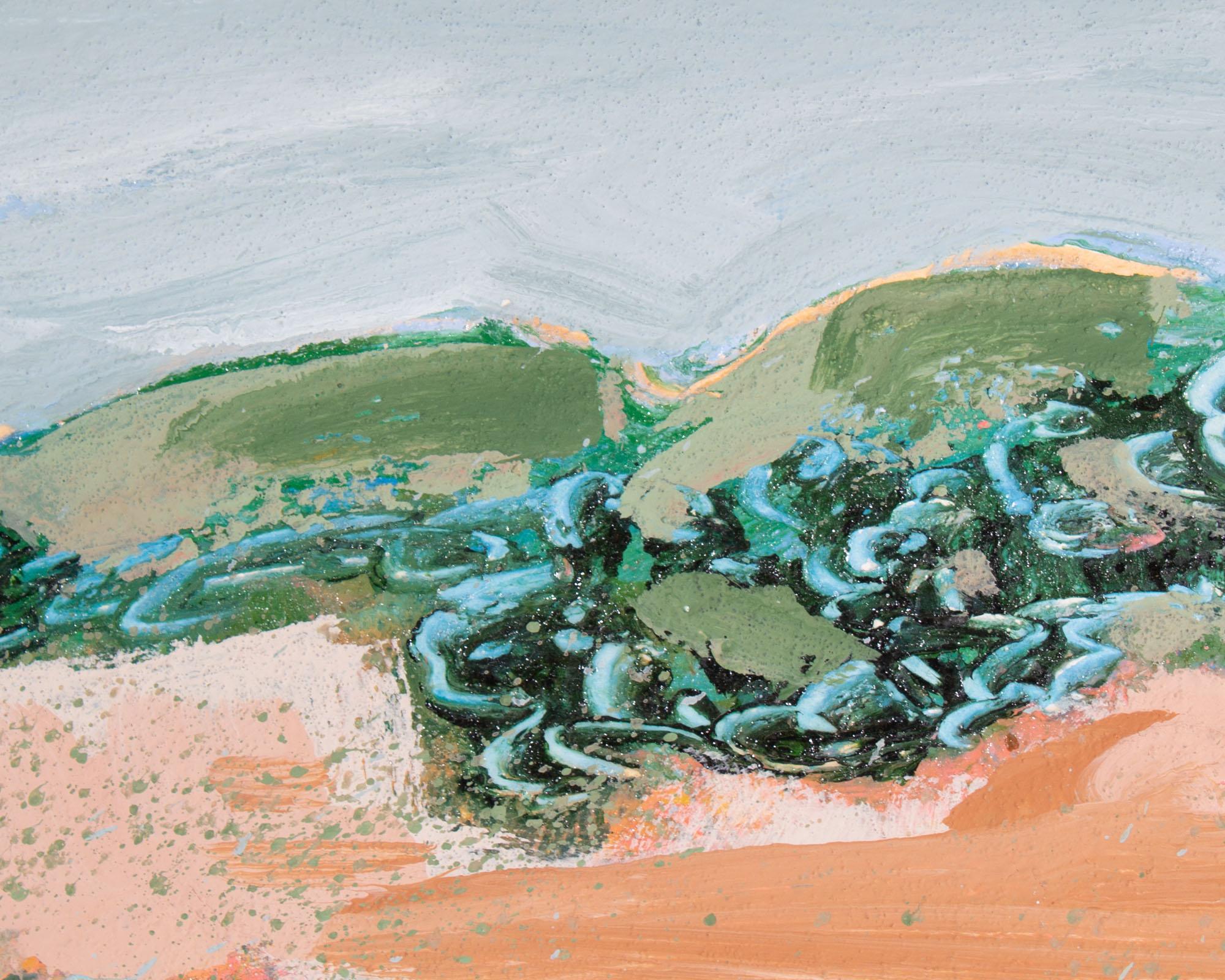 Hand-Painted Harry Hilson Signed 1980s Acrylic and Sand on Paper Landscape Painting For Sale