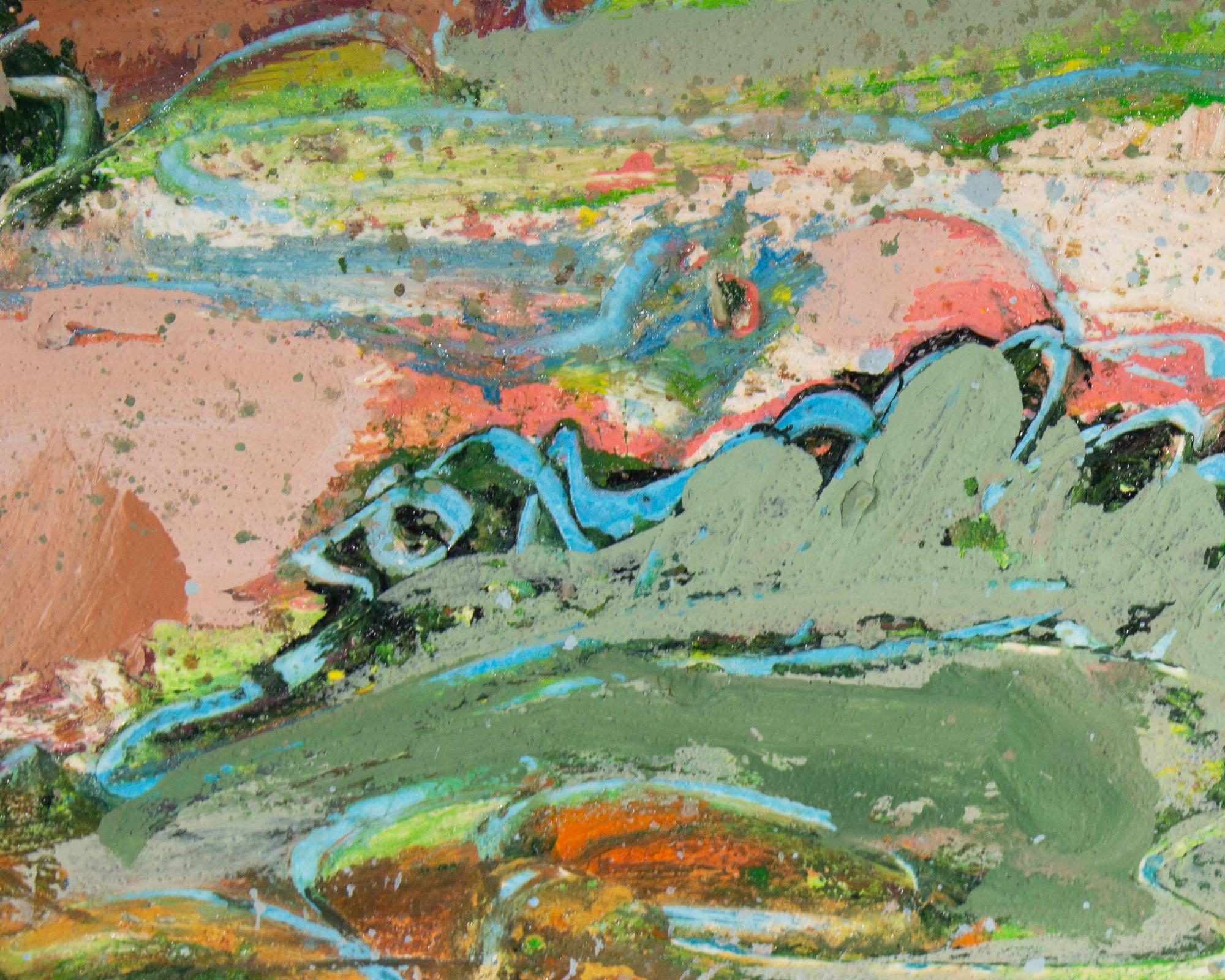 Late 20th Century Harry Hilson Signed 1980s Acrylic and Sand on Paper Landscape Painting For Sale