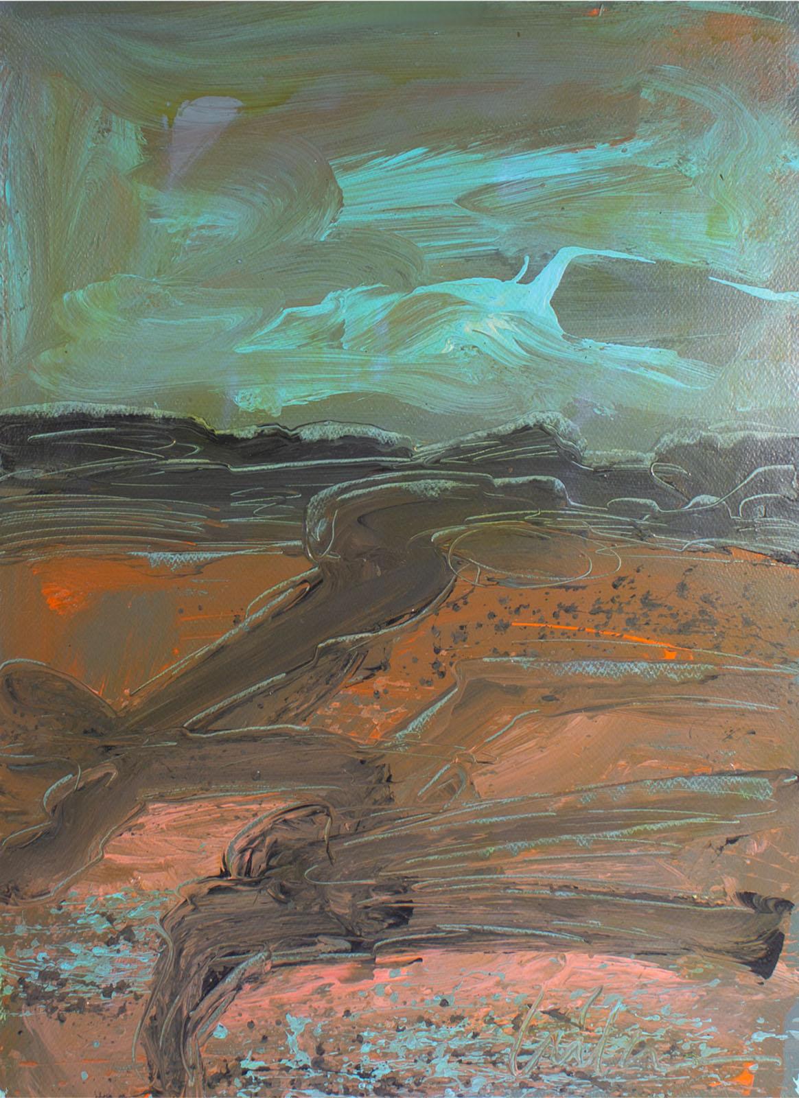 Pintura acrílica sobre papel de la década de 1980 del artista estadounidense Harry Hilson (1935-2004). Esta melancólica obra abstracta representa cielos tormentosos con un paisaje de colinas oscurecidas debajo. Firmado en la parte inferior derecha,
