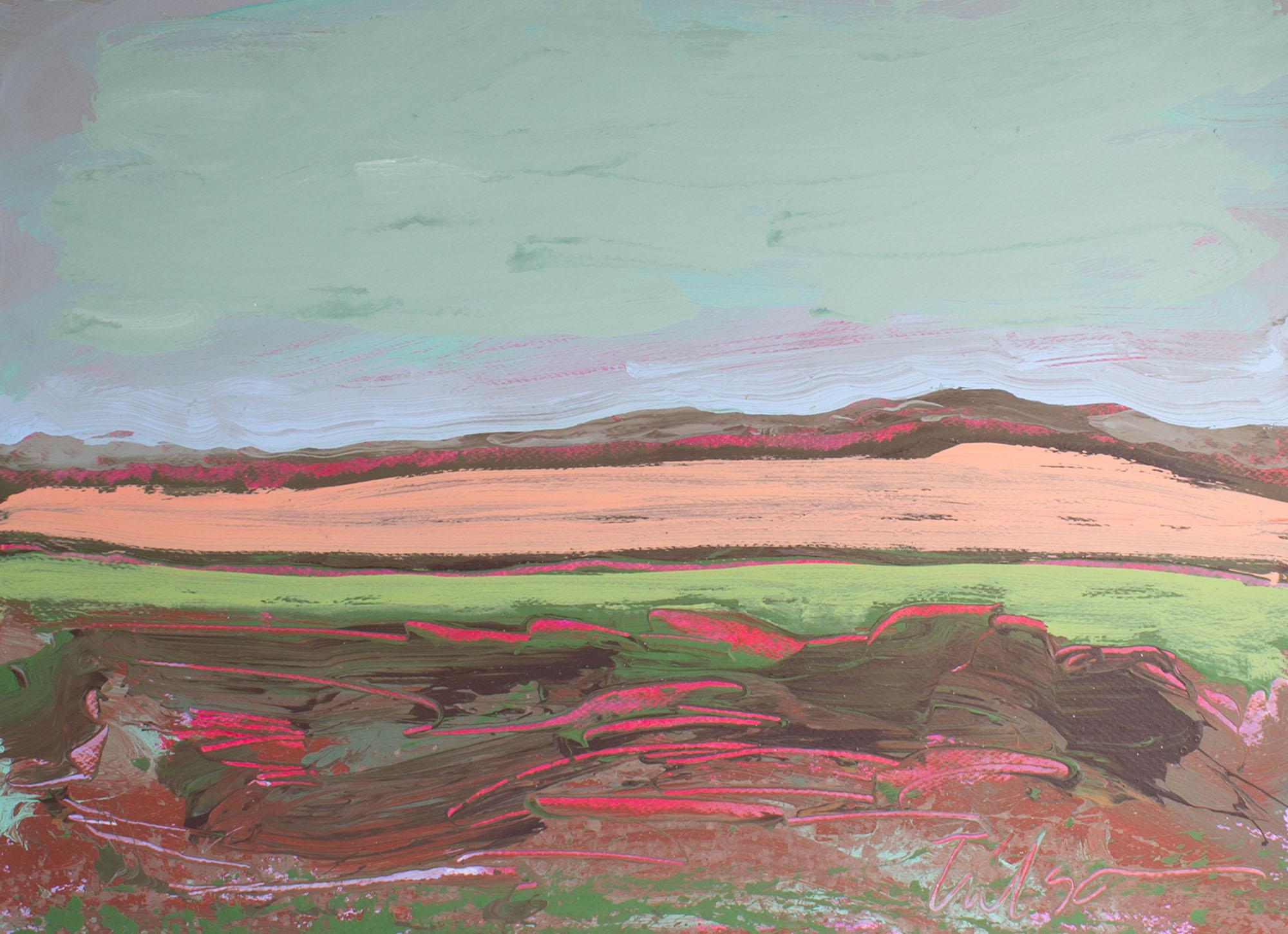A 1980s acrylic on paper painting by the American artist Harry Hilson (1935-2004). This vibrant abstract work depicts a colorful wildflower-filled landscape with distant mountains in the background and a blue sky above. Signed to the lower right,